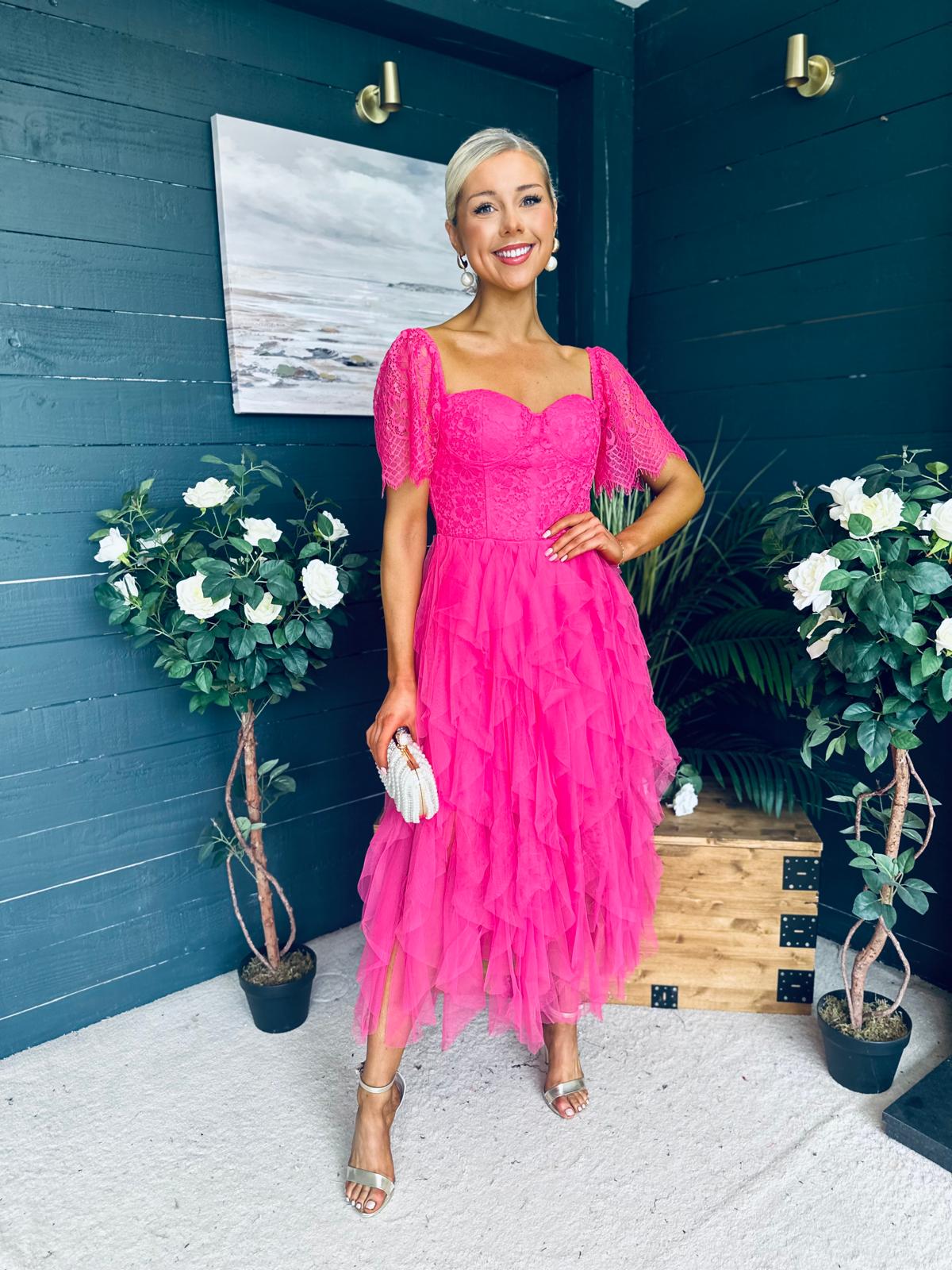 Delaney Occasion Tulle Midi Dress Fuchsia