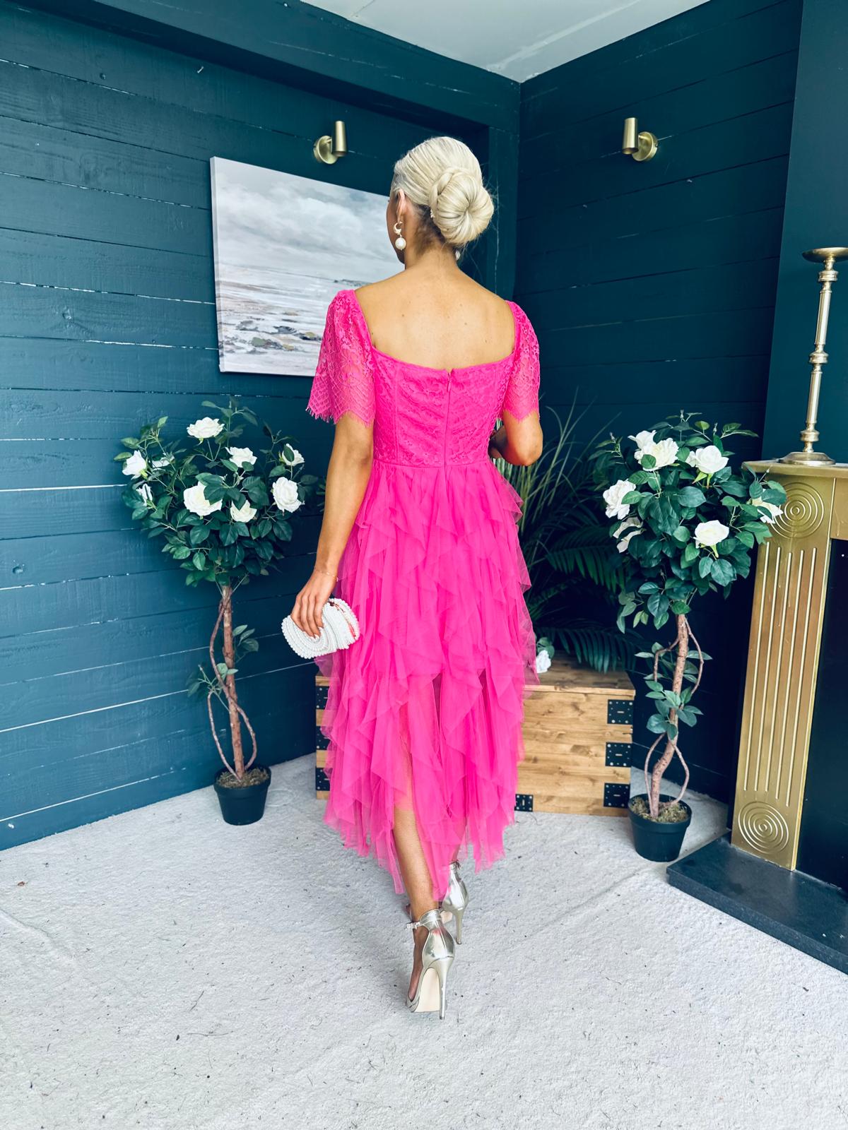 Delaney Occasion Tulle Midi Dress Fuchsia