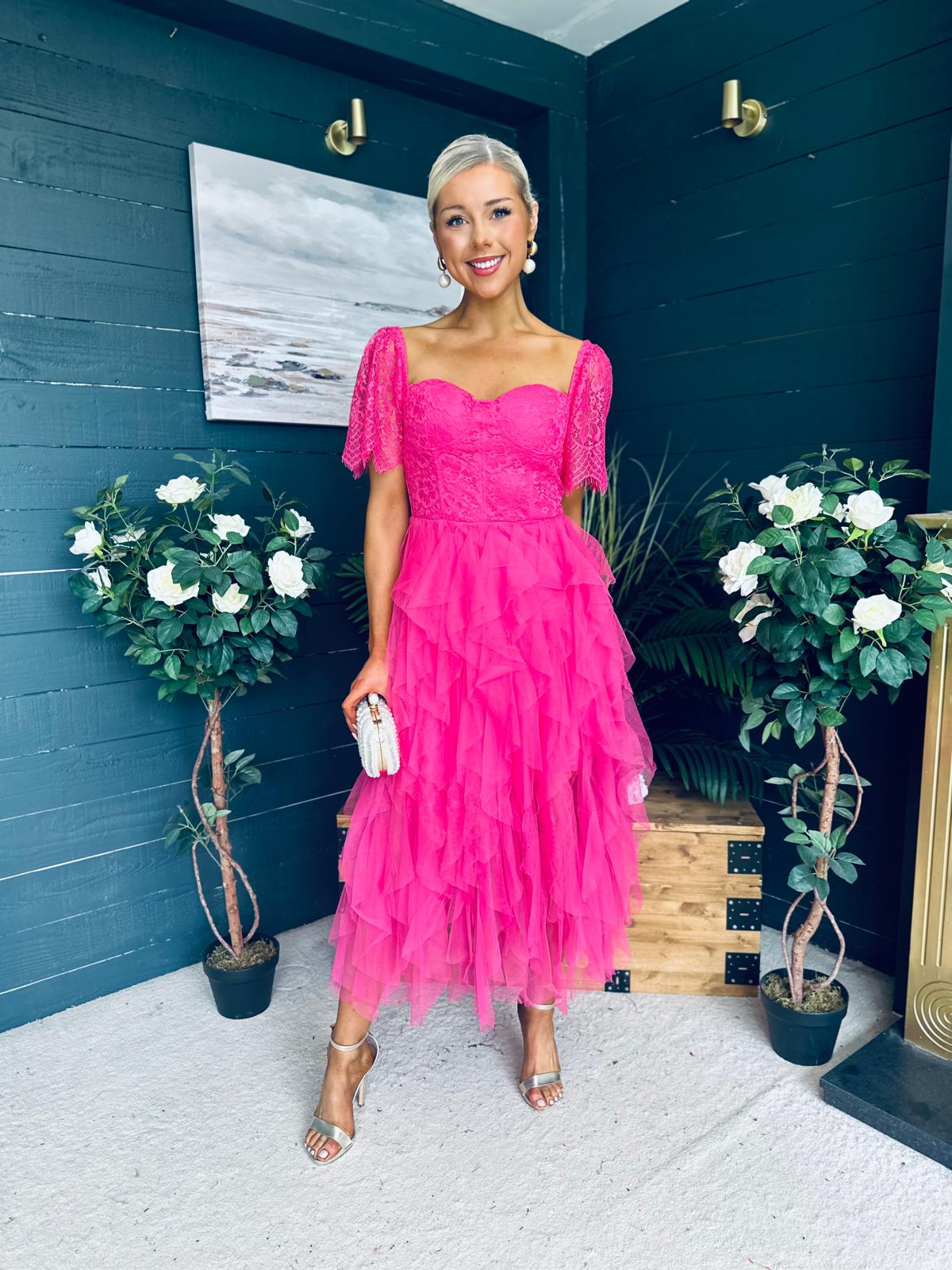 Delaney Occasion Tulle Midi Dress Fuchsia