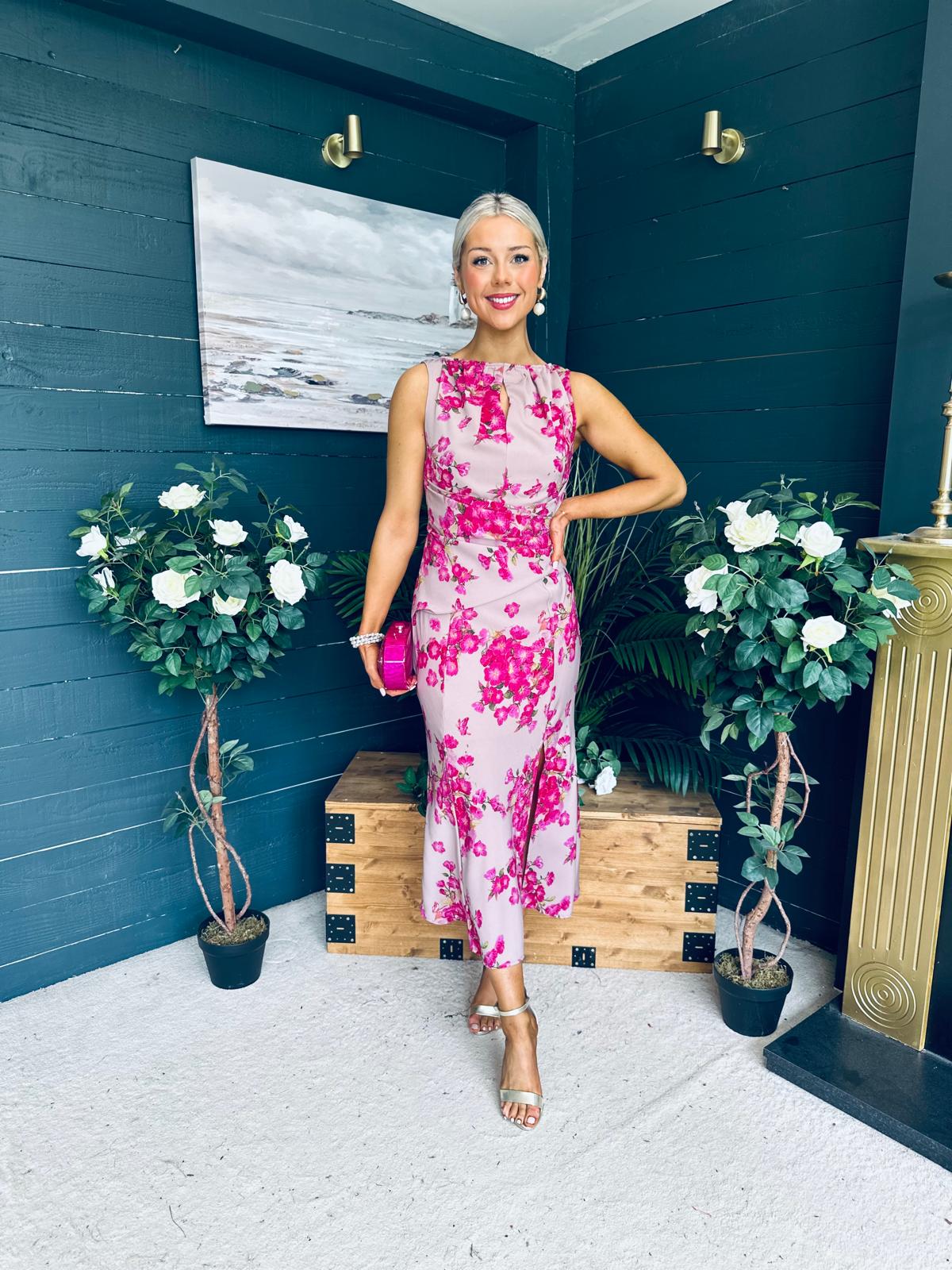 Bay Boat Neck Keyhole Detail Midi Dress Floral Pink