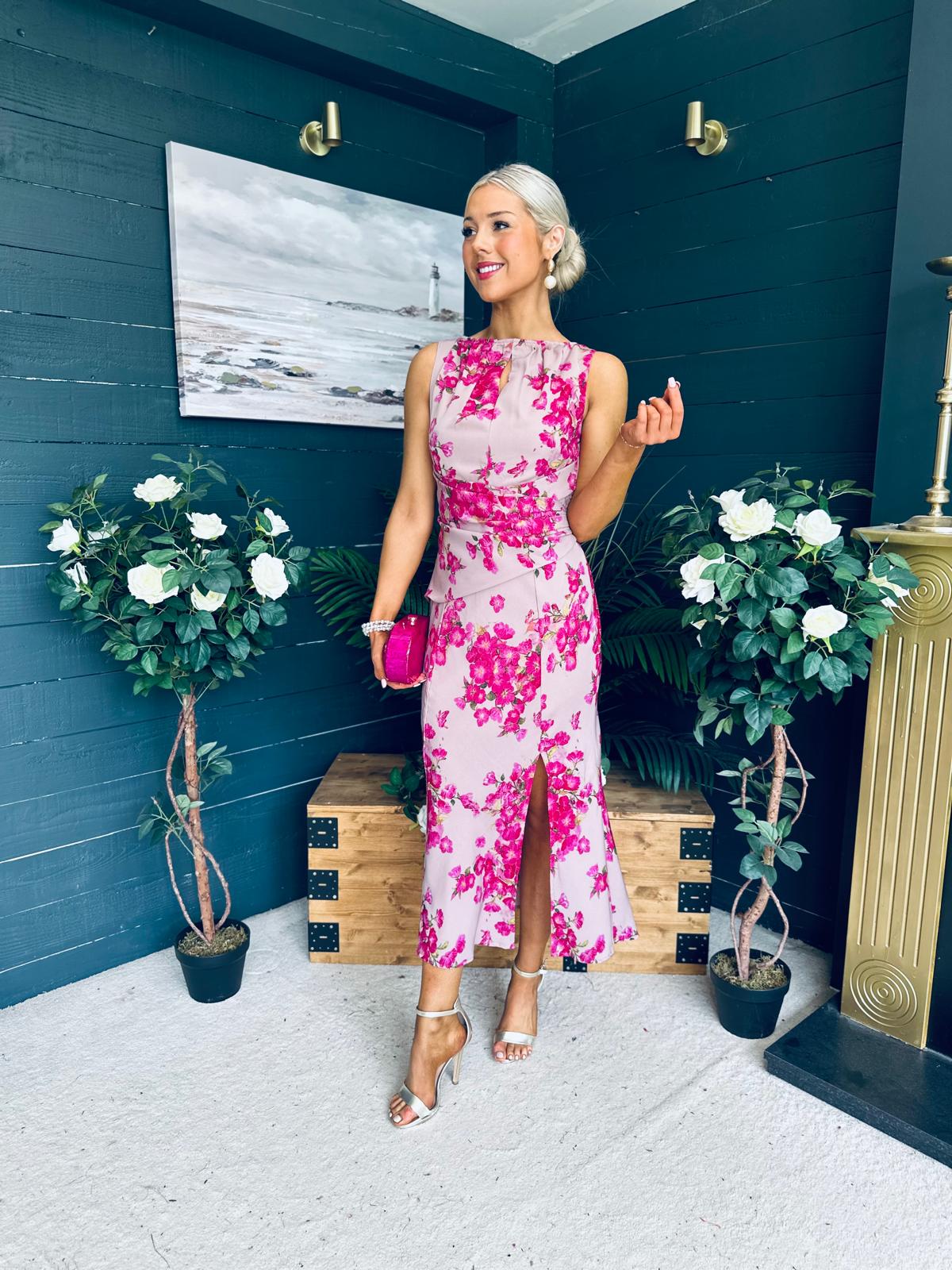 Bay Boat Neck Keyhole Detail Midi Dress Floral Pink