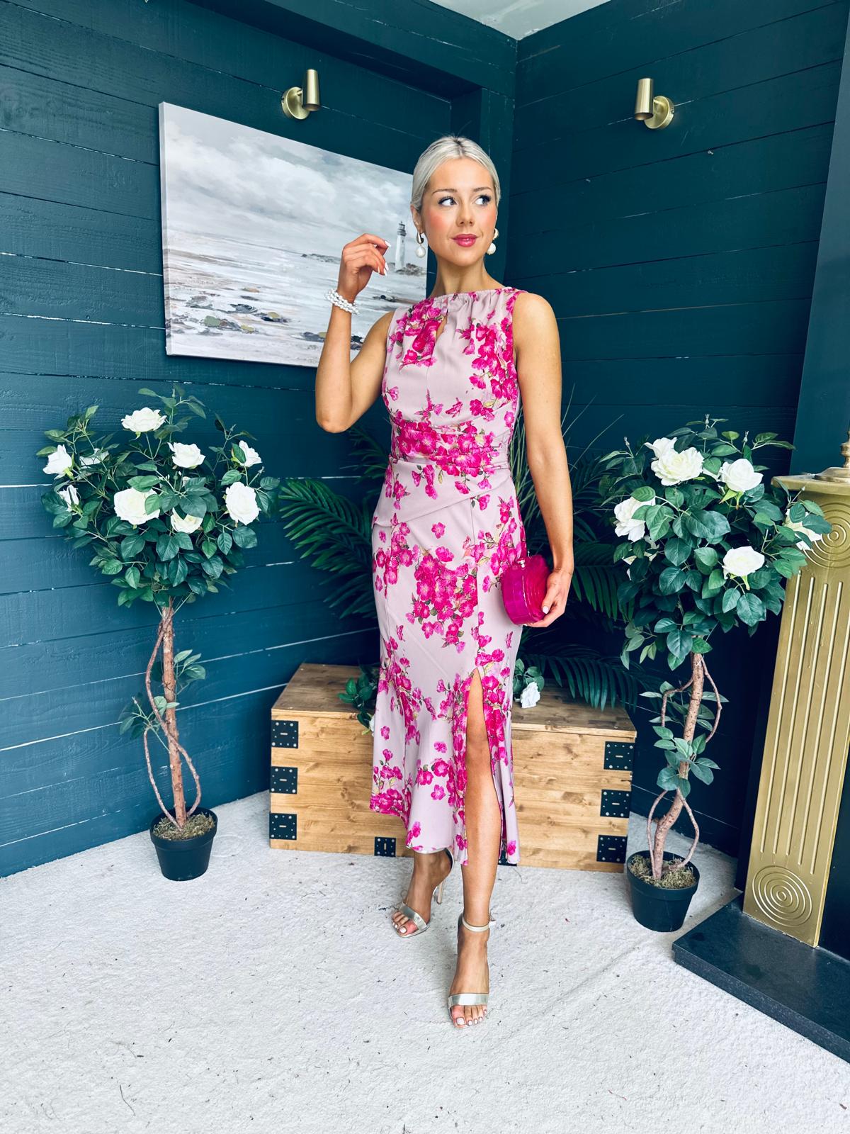 Bay Boat Neck Keyhole Detail Midi Dress Floral Pink