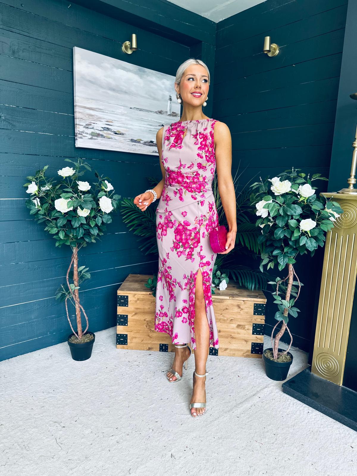 Bay Boat Neck Keyhole Detail Midi Dress Floral Pink