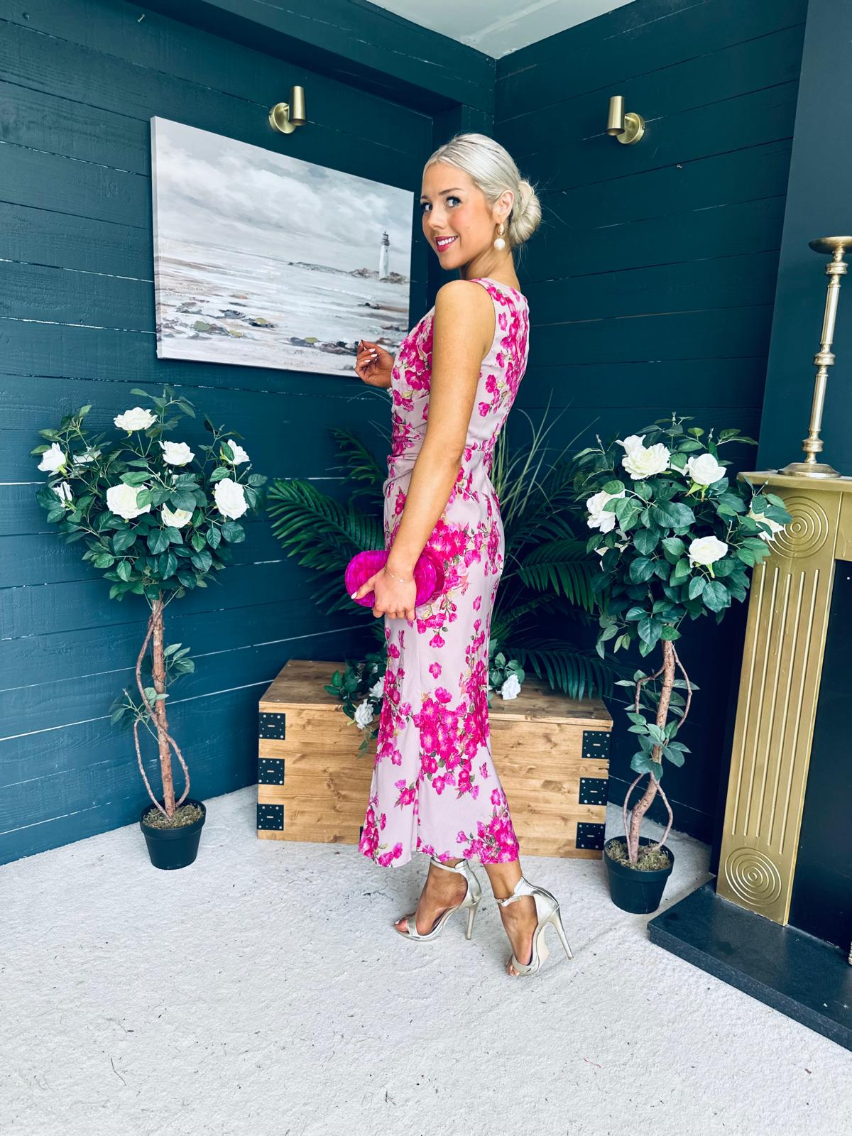 Bay Boat Neck Keyhole Detail Midi Dress Floral Pink