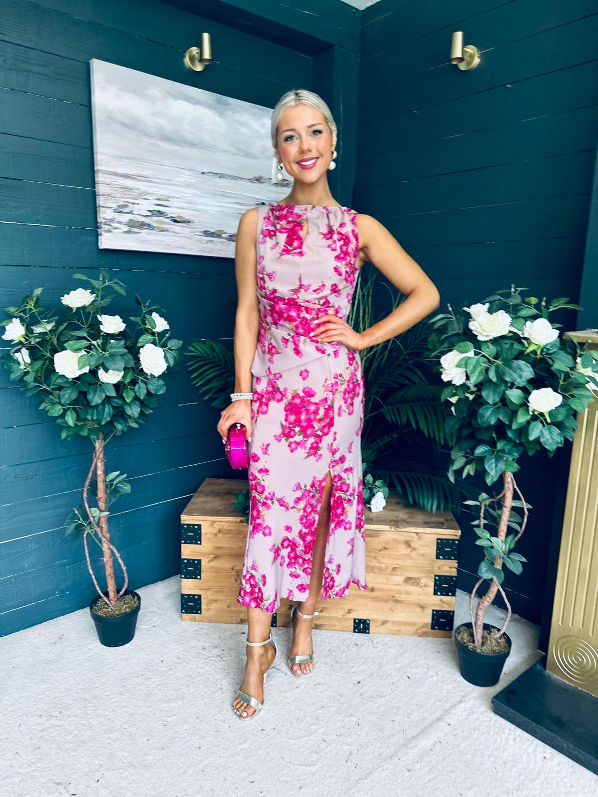 Bay Boat Neck Keyhole Detail Midi Dress Floral Pink