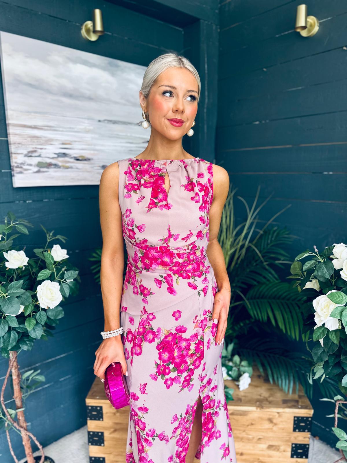 Bay Boat Neck Keyhole Detail Midi Dress Floral Pink