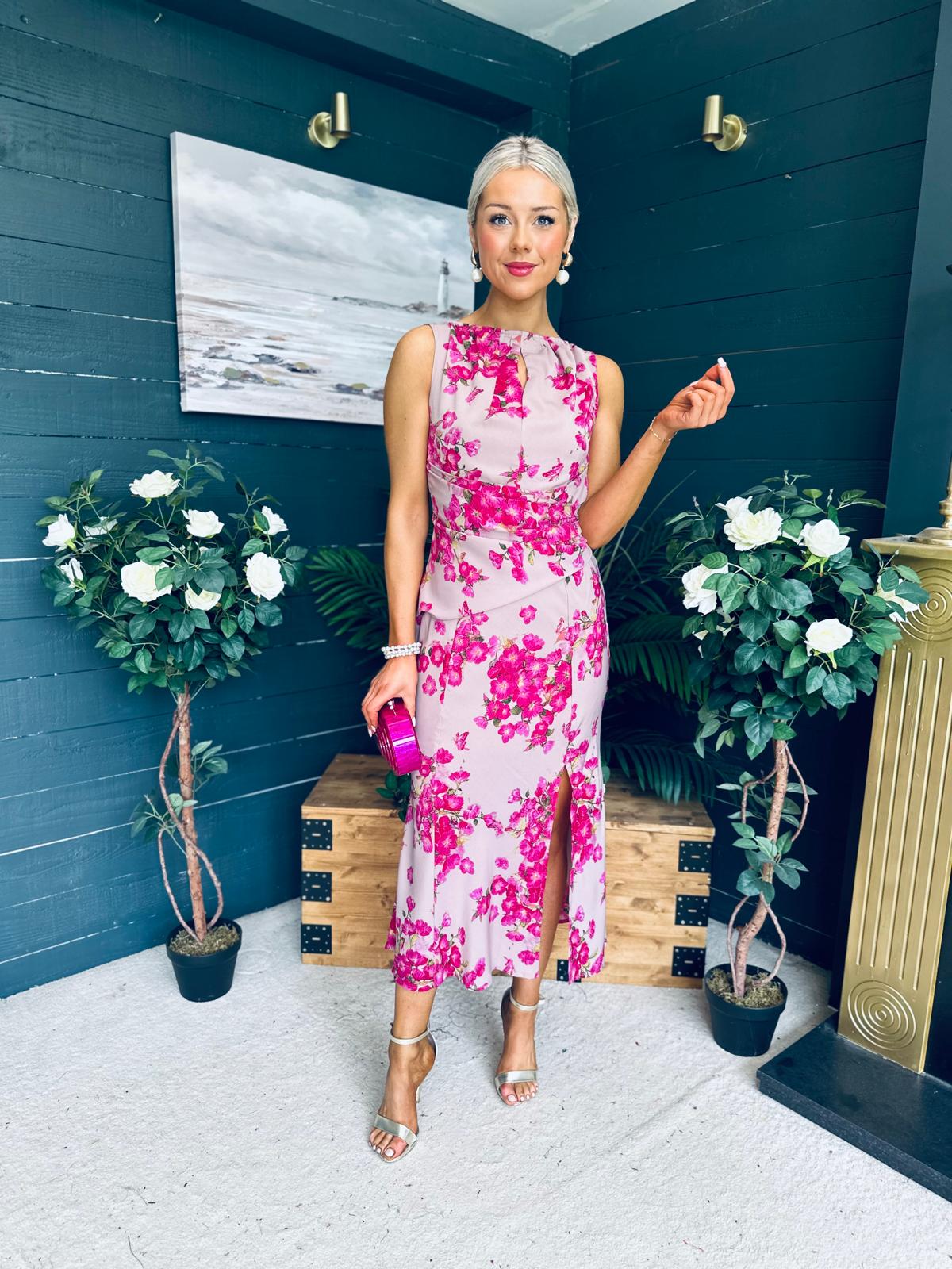 Bay Boat Neck Keyhole Detail Midi Dress Floral Pink