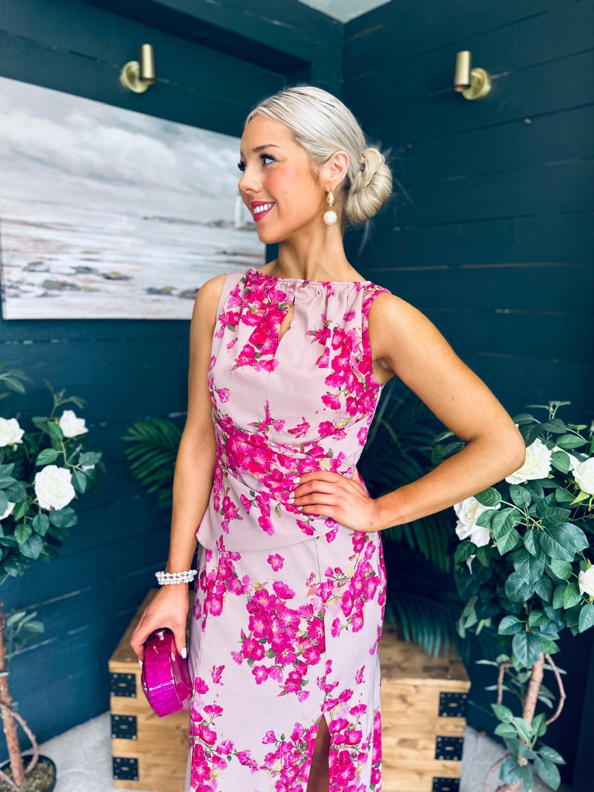 Bay Boat Neck Keyhole Detail Midi Dress Floral Pink