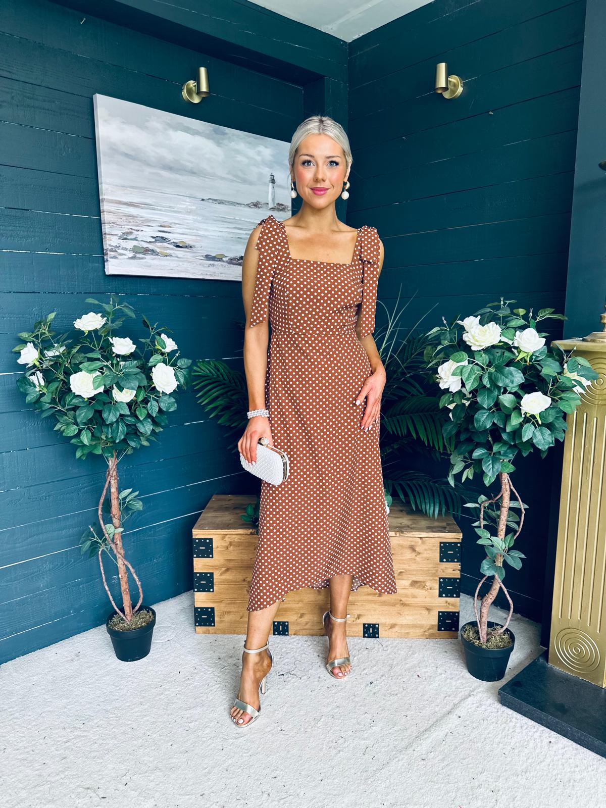 Jovi Tie Shoulder Square Neck Midi Dress Polka Coco