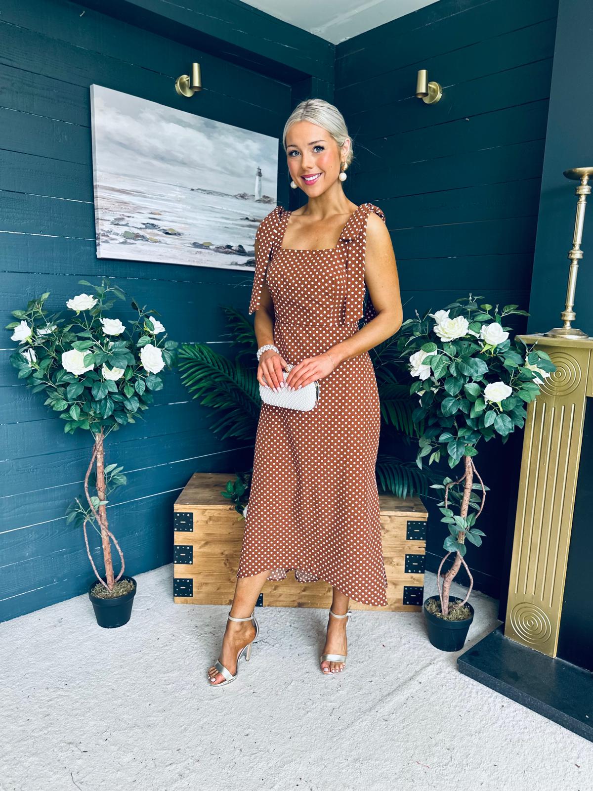 Jovi Tie Shoulder Square Neck Midi Dress Polka Coco