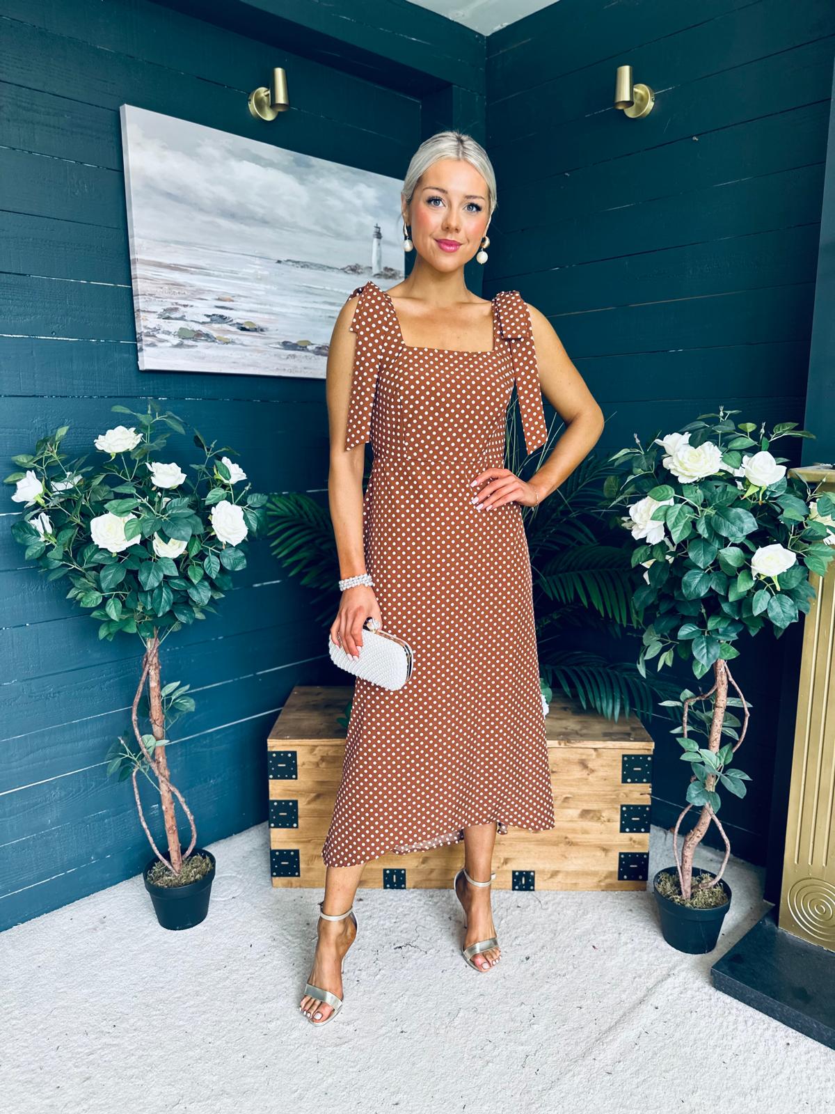Jovi Tie Shoulder Square Neck Midi Dress Polka Coco
