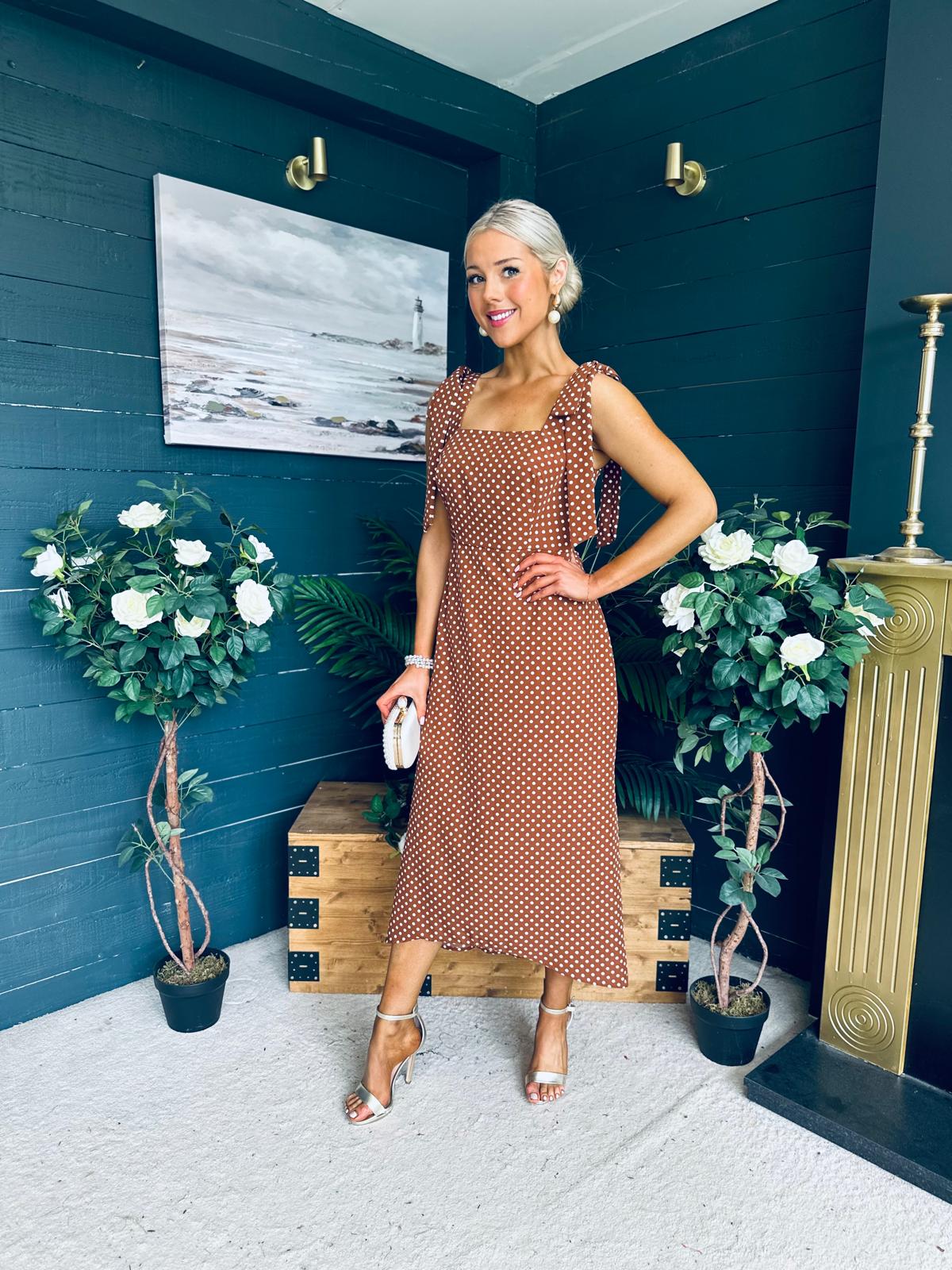 Jovi Tie Shoulder Square Neck Midi Dress Polka Coco