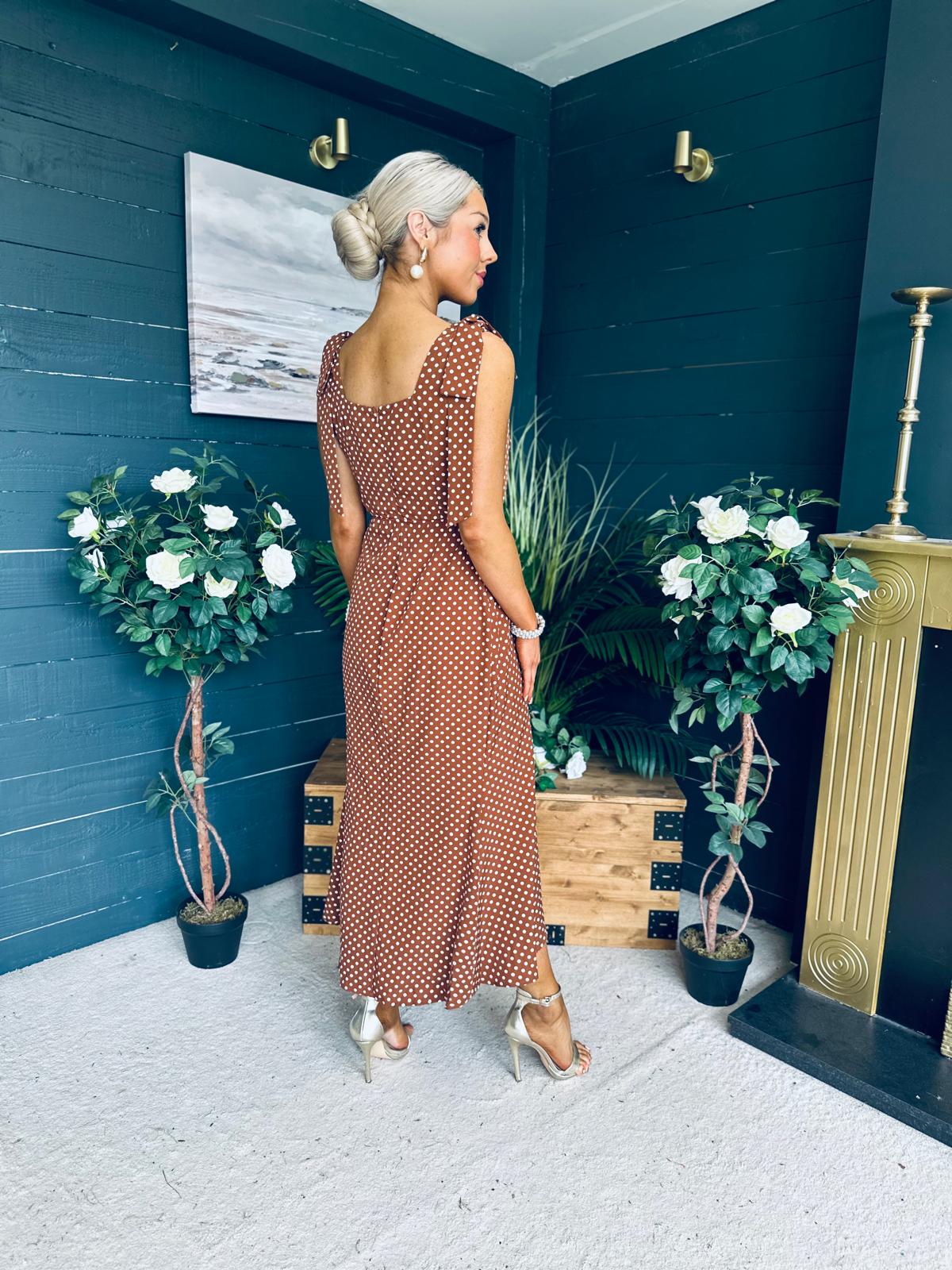 Jovi Tie Shoulder Square Neck Midi Dress Polka Coco