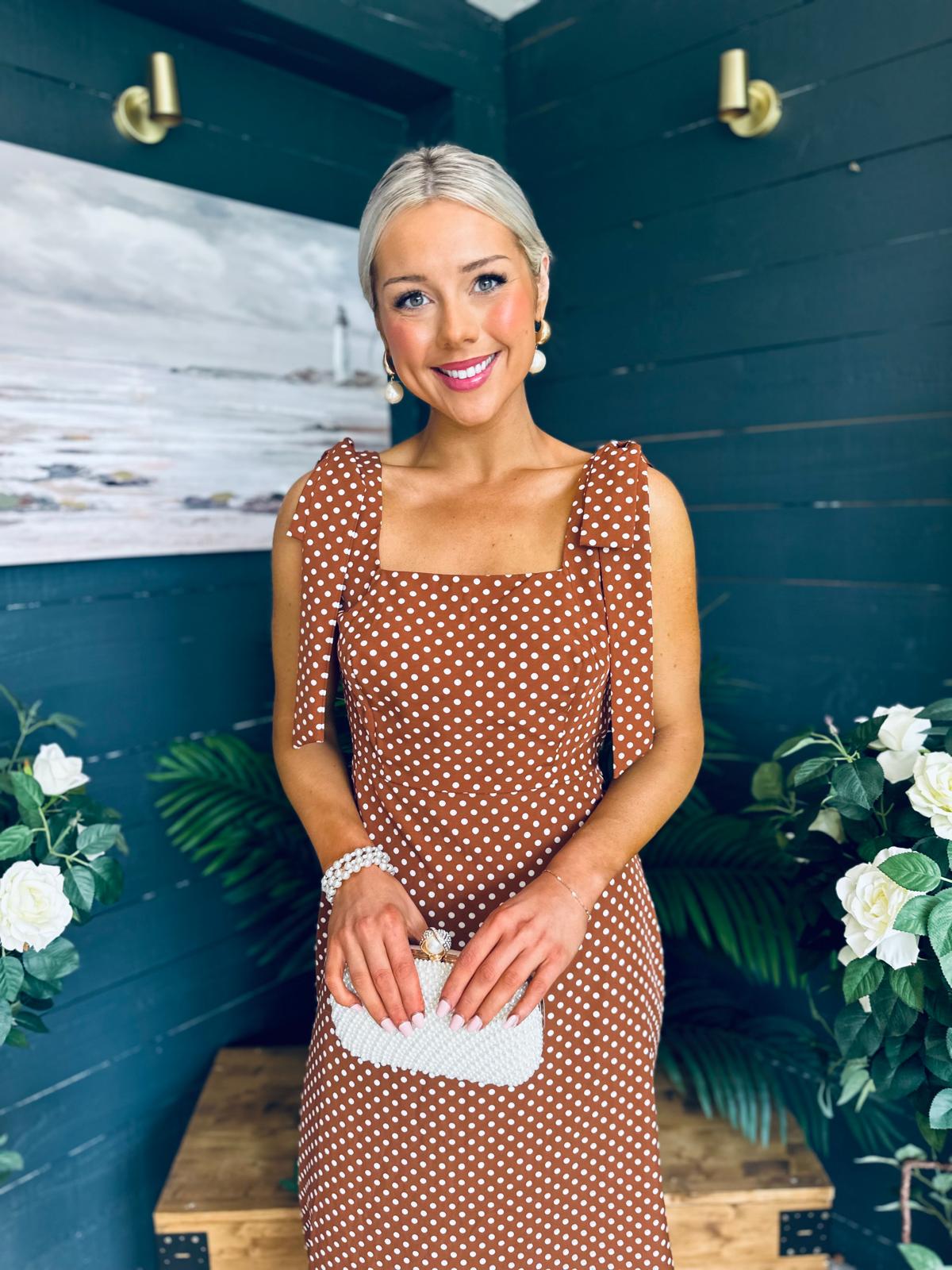Jovi Tie Shoulder Square Neck Midi Dress Polka Coco