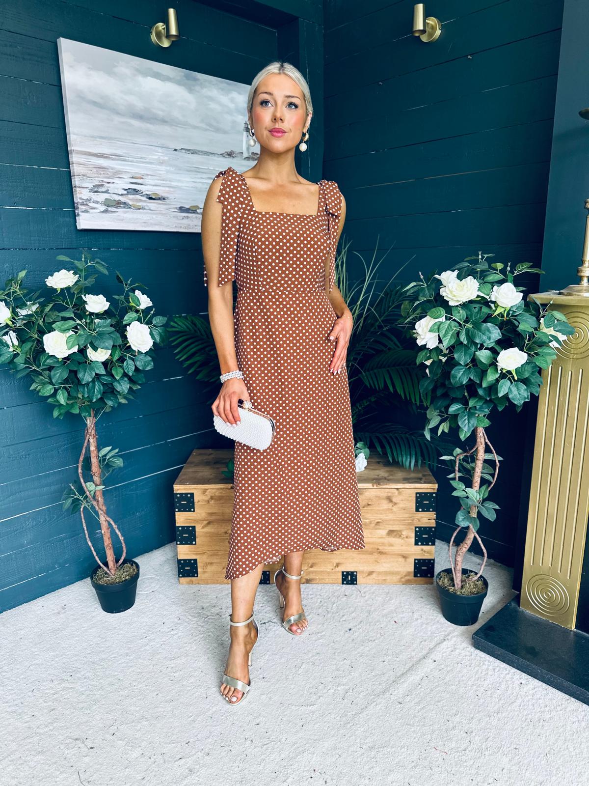 Jovi Tie Shoulder Square Neck Midi Dress Polka Coco