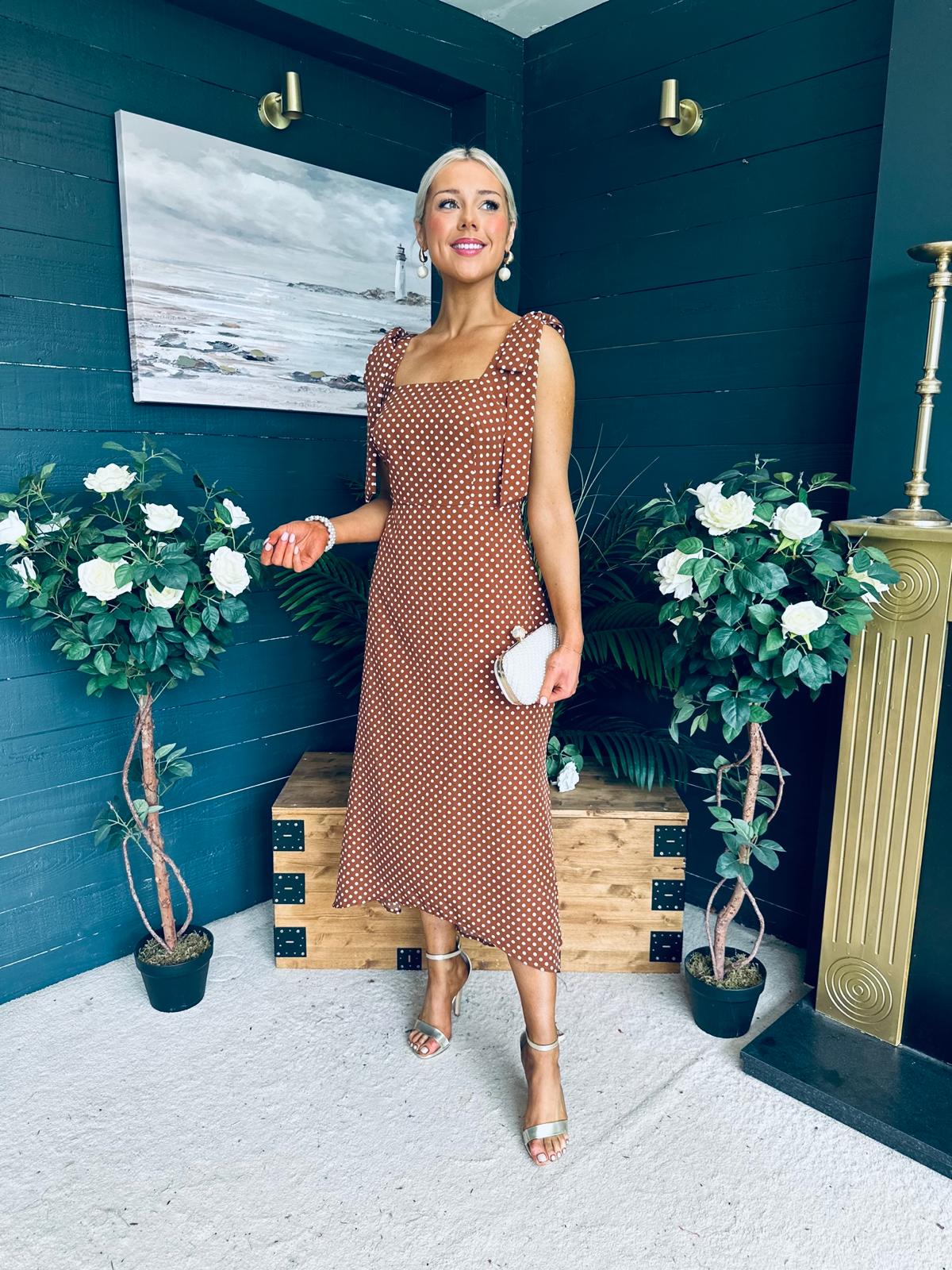 Jovi Tie Shoulder Square Neck Midi Dress Polka Coco