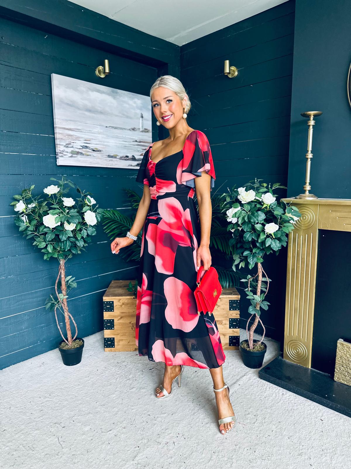 Orla Detailed Midi Dress Floral Black