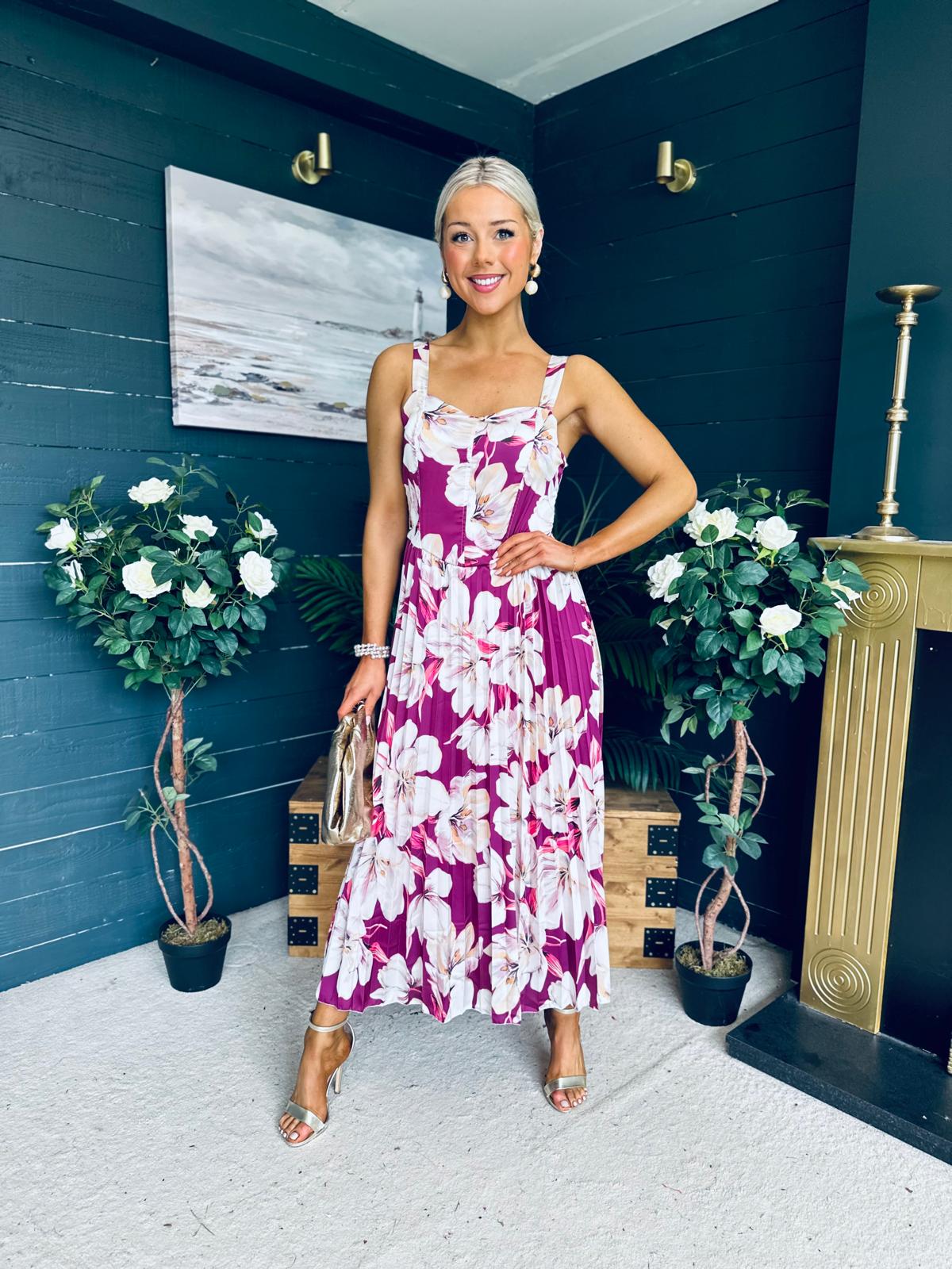 Cassidy Pleated Midi Dress Floral Berry
