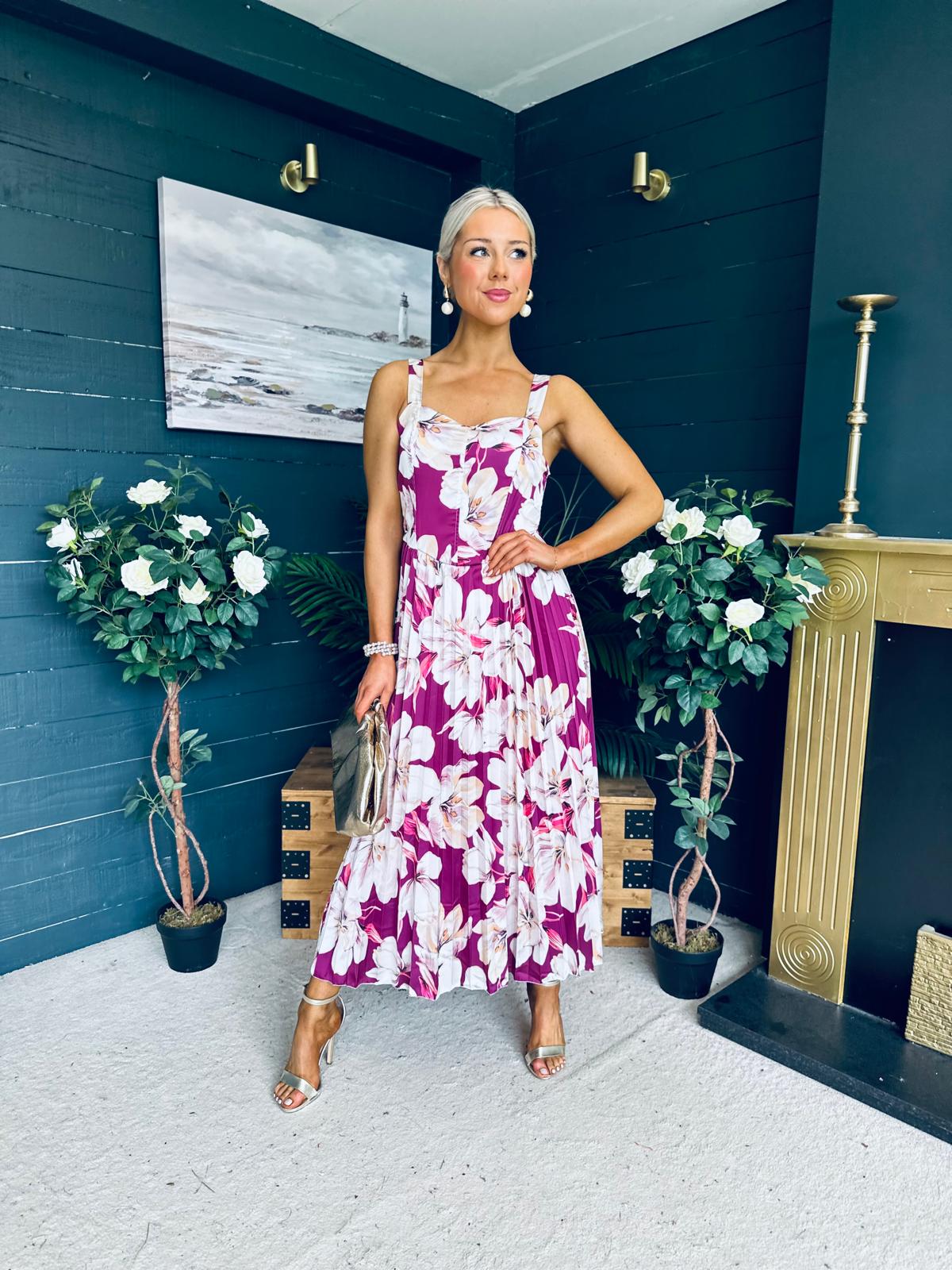 Cassidy Pleated Midi Dress Floral Berry
