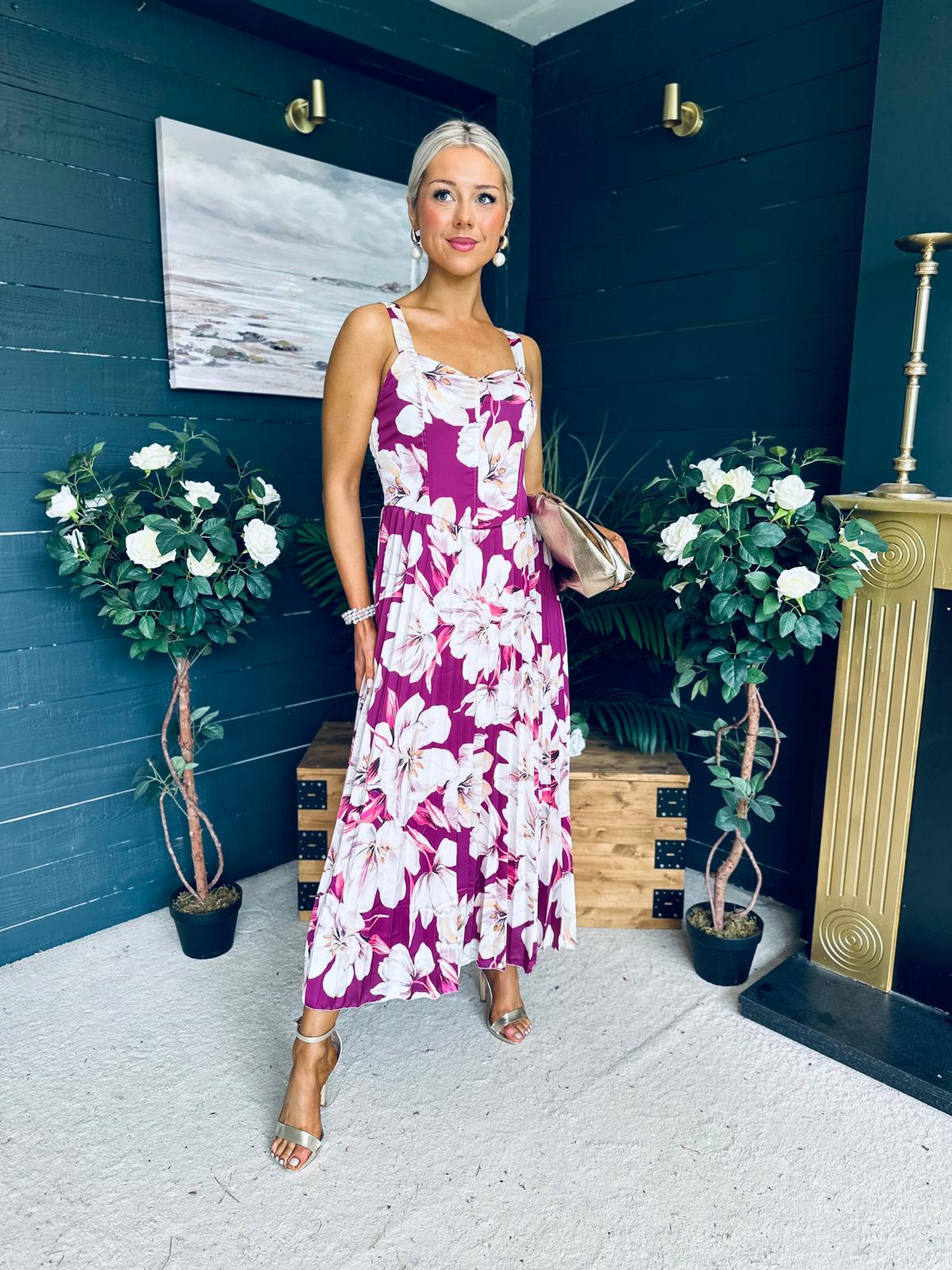 Cassidy Pleated Midi Dress Floral Berry