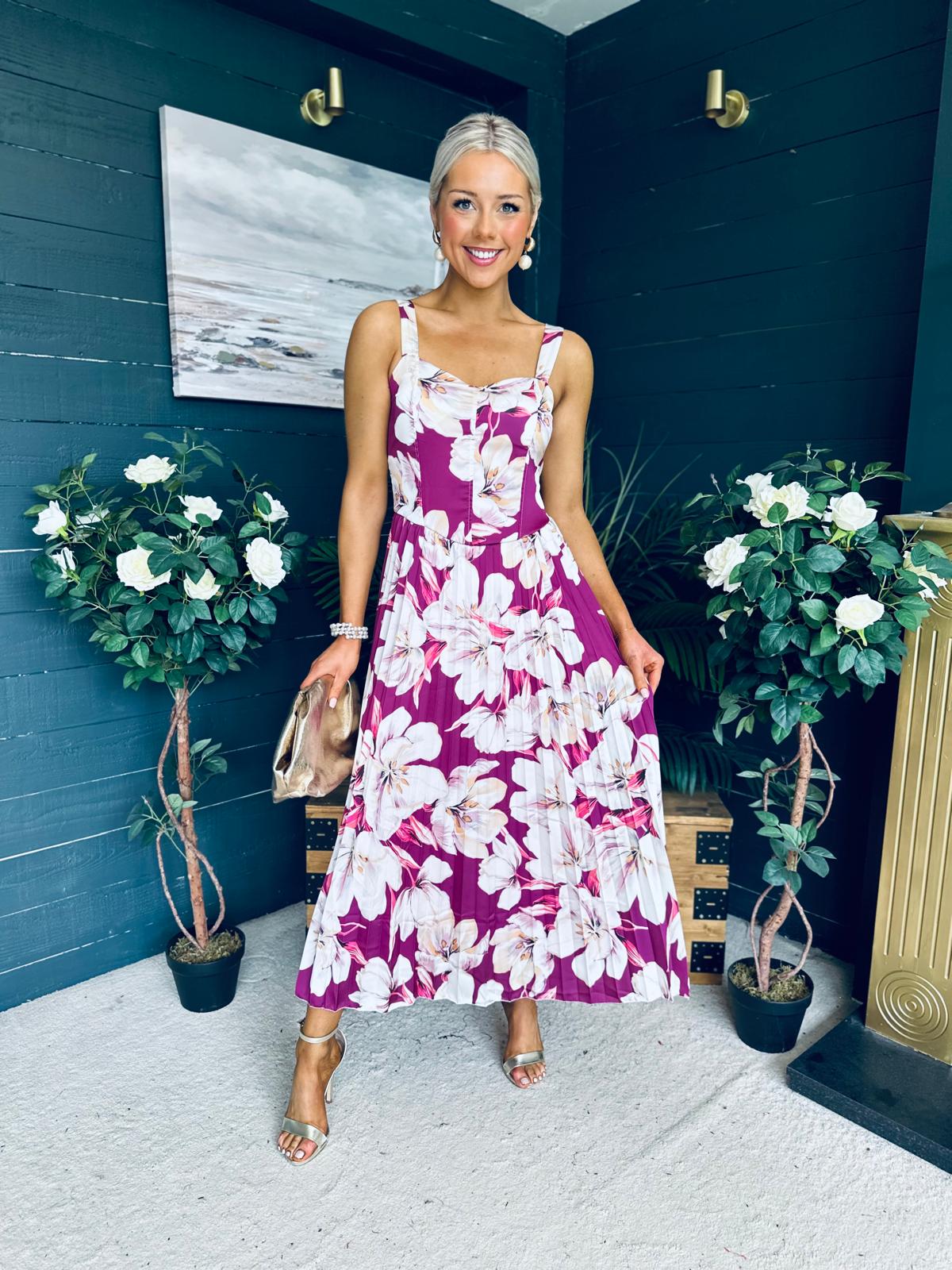 Cassidy Pleated Midi Dress Floral Berry