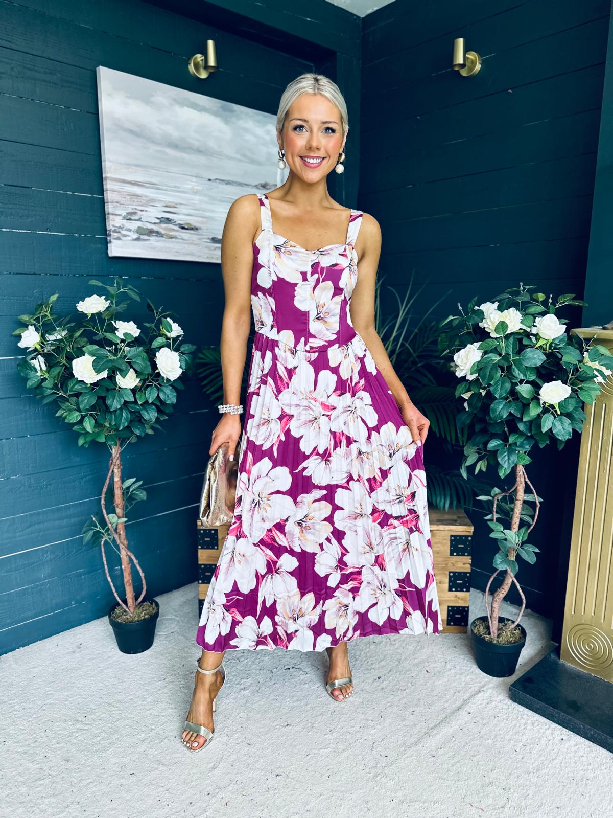 Cassidy Pleated Midi Dress Floral Berry