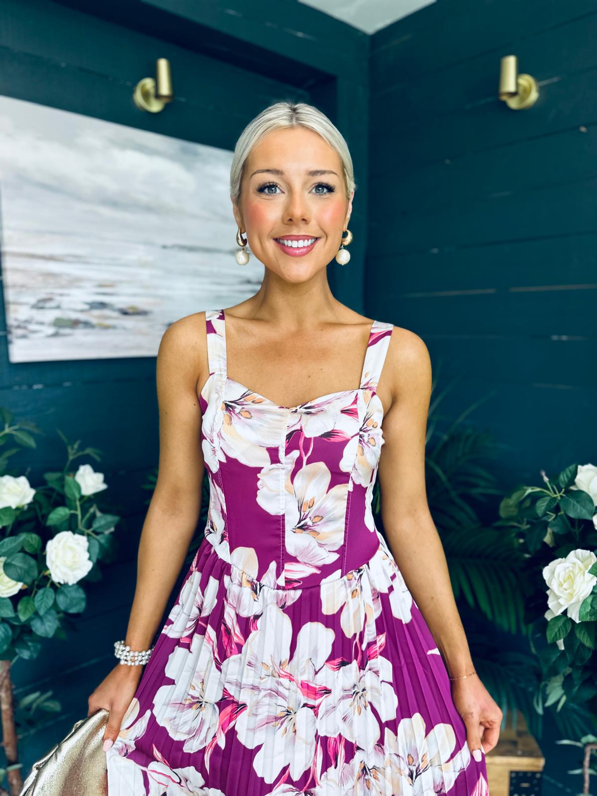 Cassidy Pleated Midi Dress Floral Berry