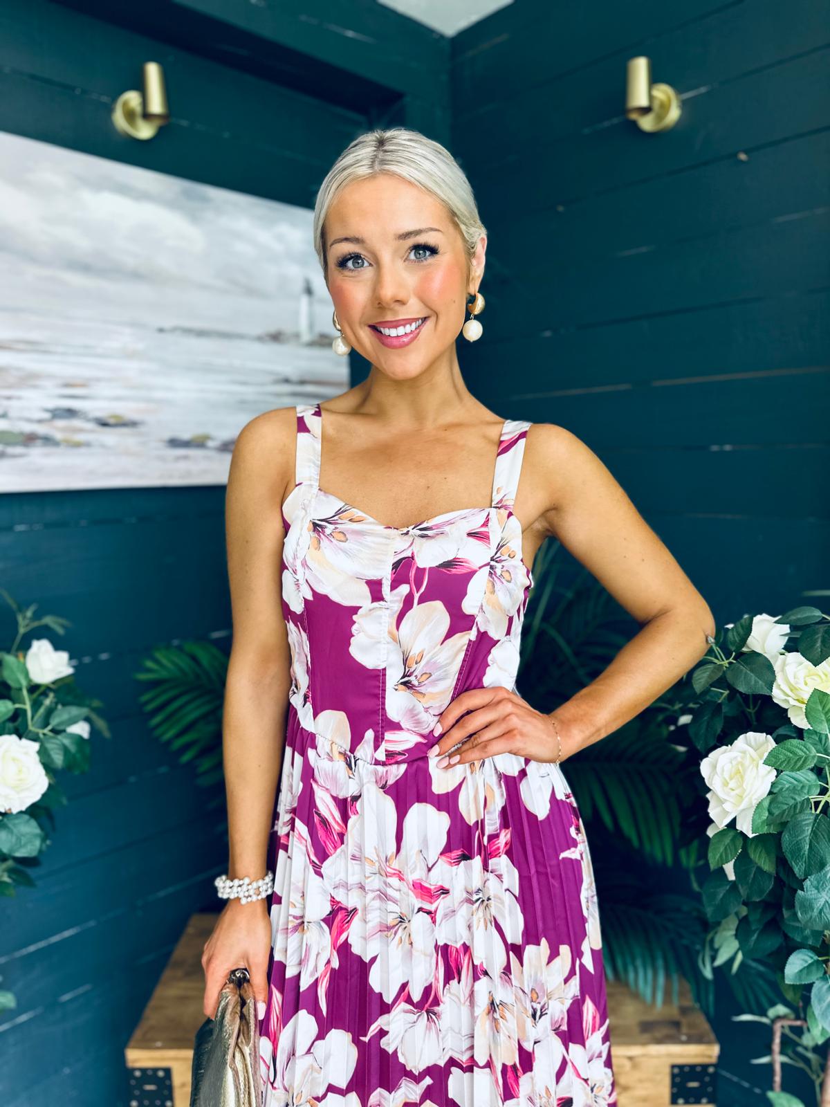 Cassidy Pleated Midi Dress Floral Berry
