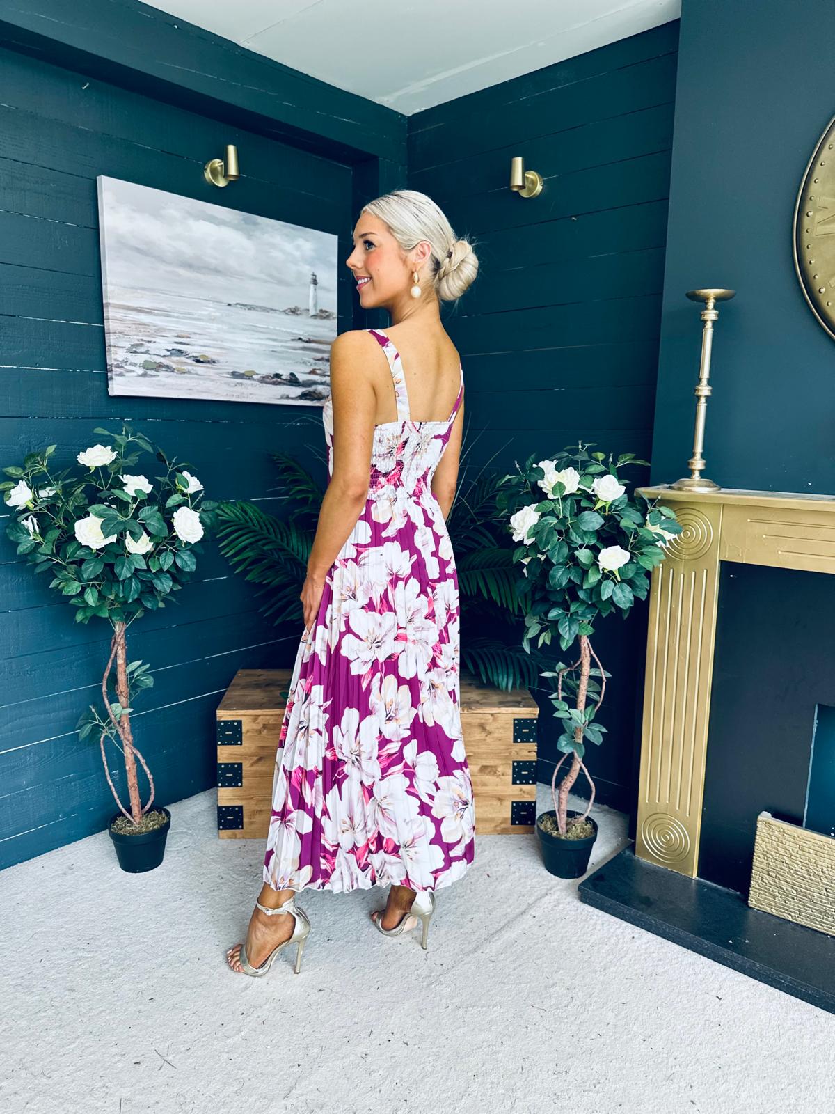 Cassidy Pleated Midi Dress Floral Berry