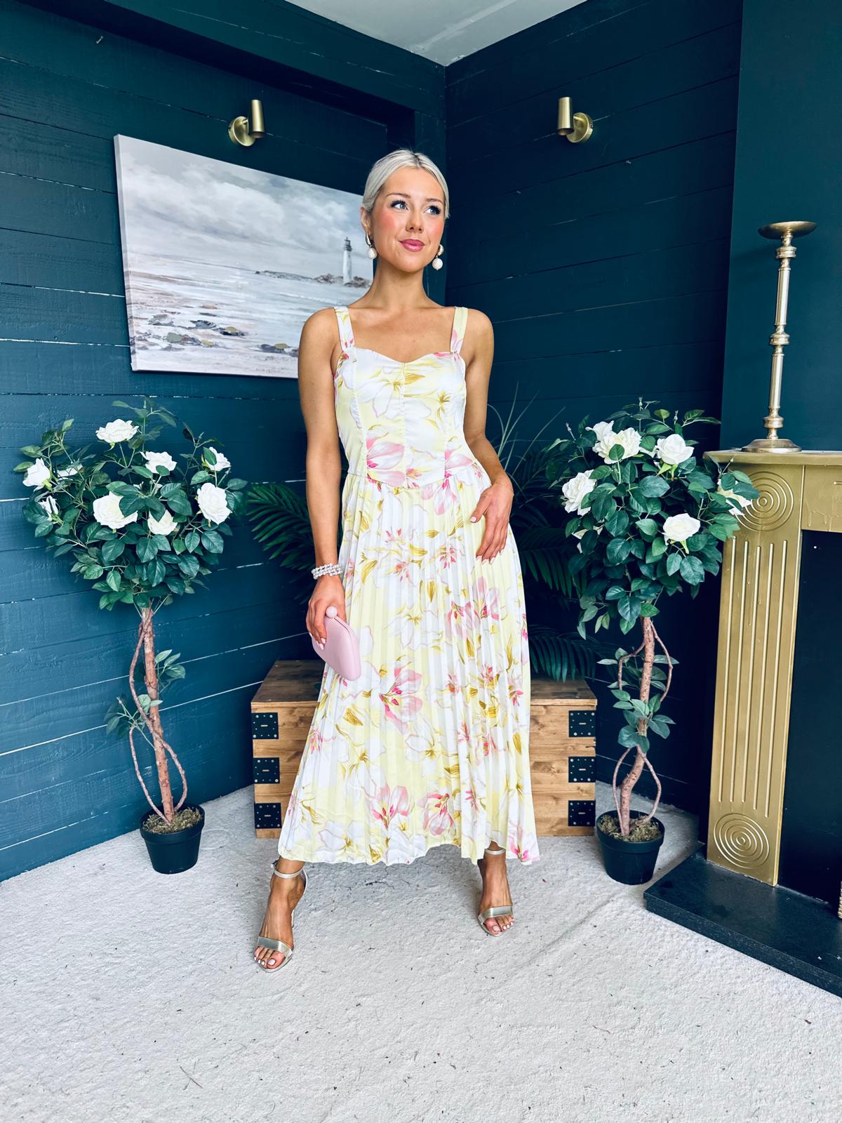 Cassidy Pleated Midi Dress Floral Yellow