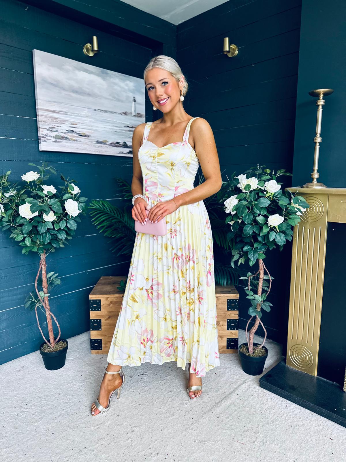 Cassidy Pleated Midi Dress Floral Yellow