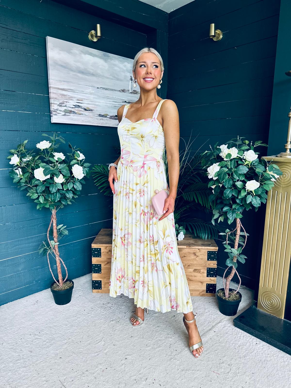 Cassidy Pleated Midi Dress Floral Yellow