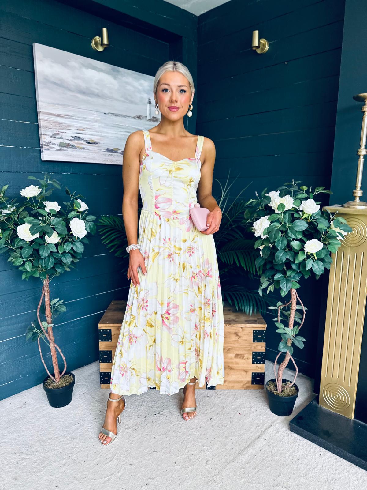 Cassidy Pleated Midi Dress Floral Yellow