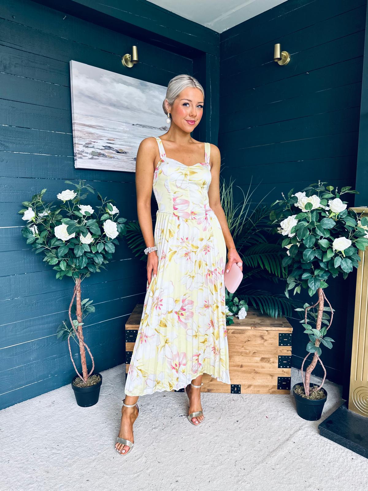 Cassidy Pleated Midi Dress Floral Yellow