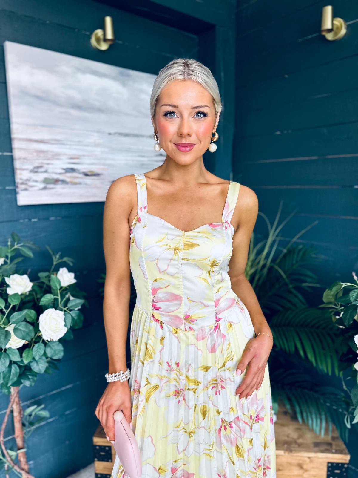 Cassidy Pleated Midi Dress Floral Yellow