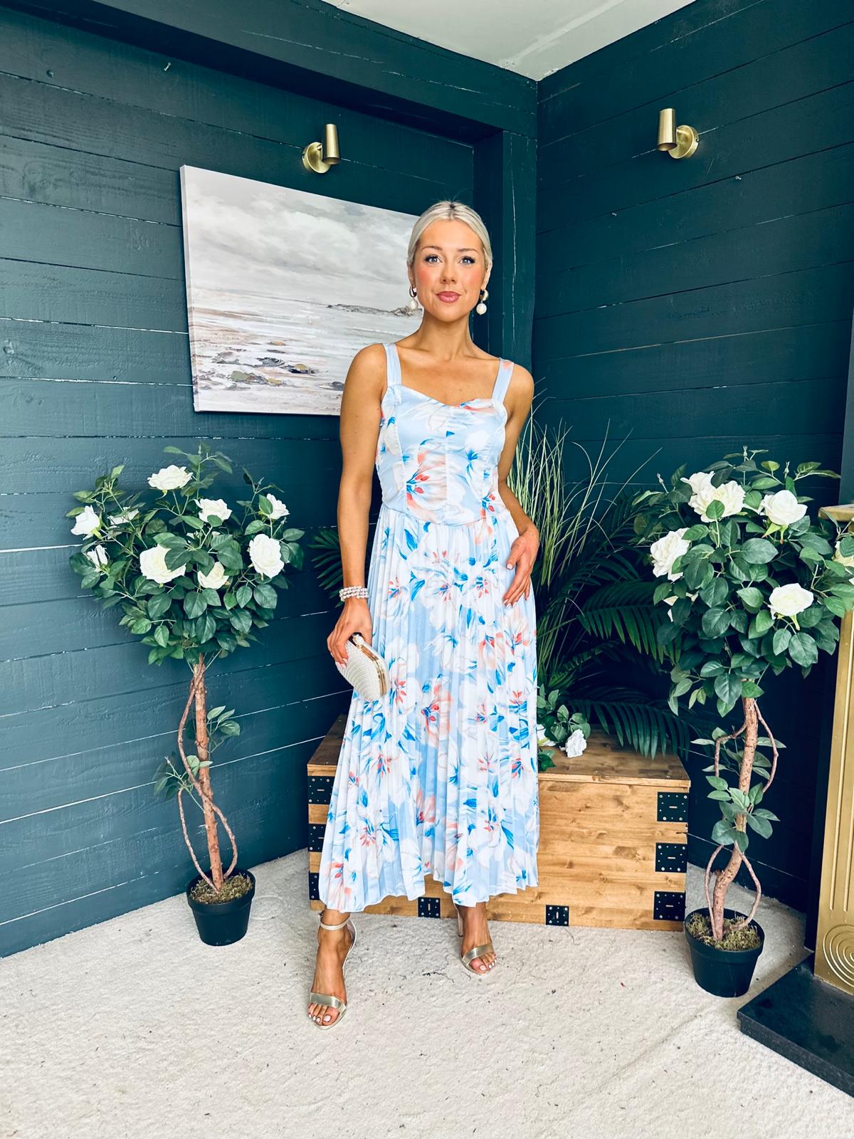 Cassidy Pleated Midi Dress Floral Blue