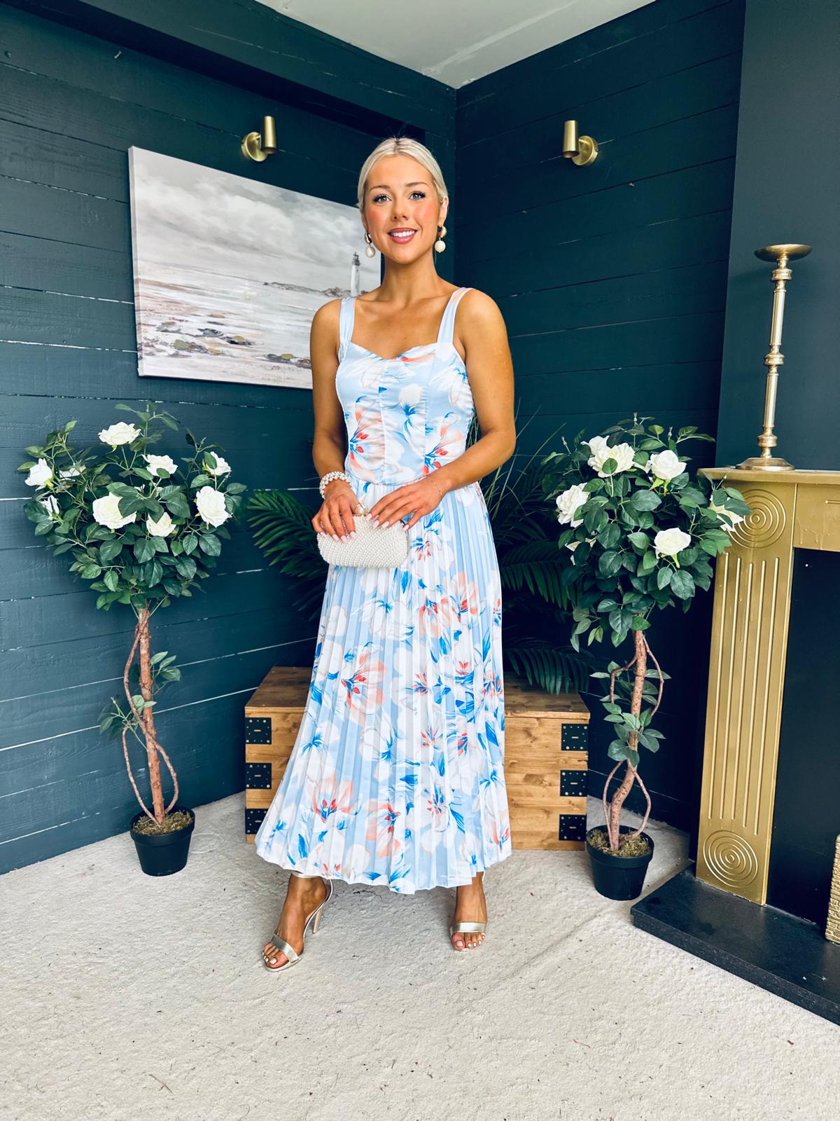 Cassidy Pleated Midi Dress Floral Blue