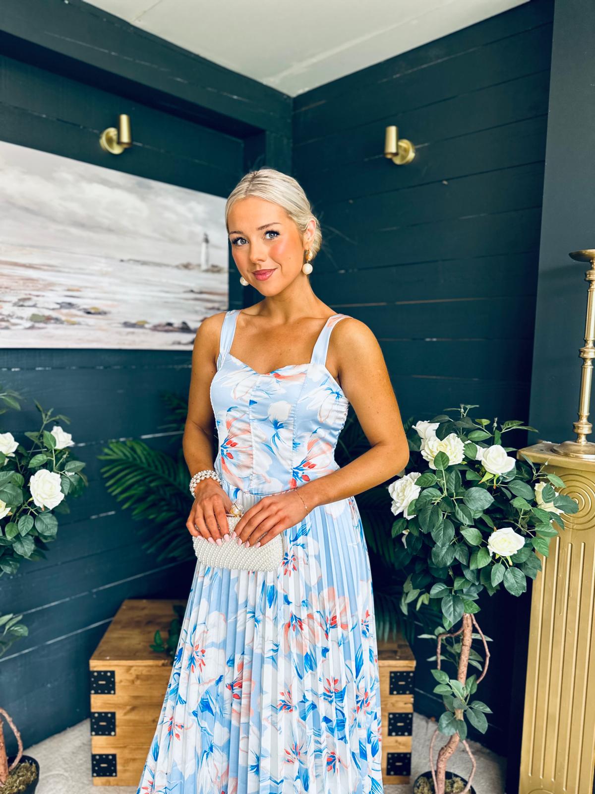 Cassidy Pleated Midi Dress Floral Blue