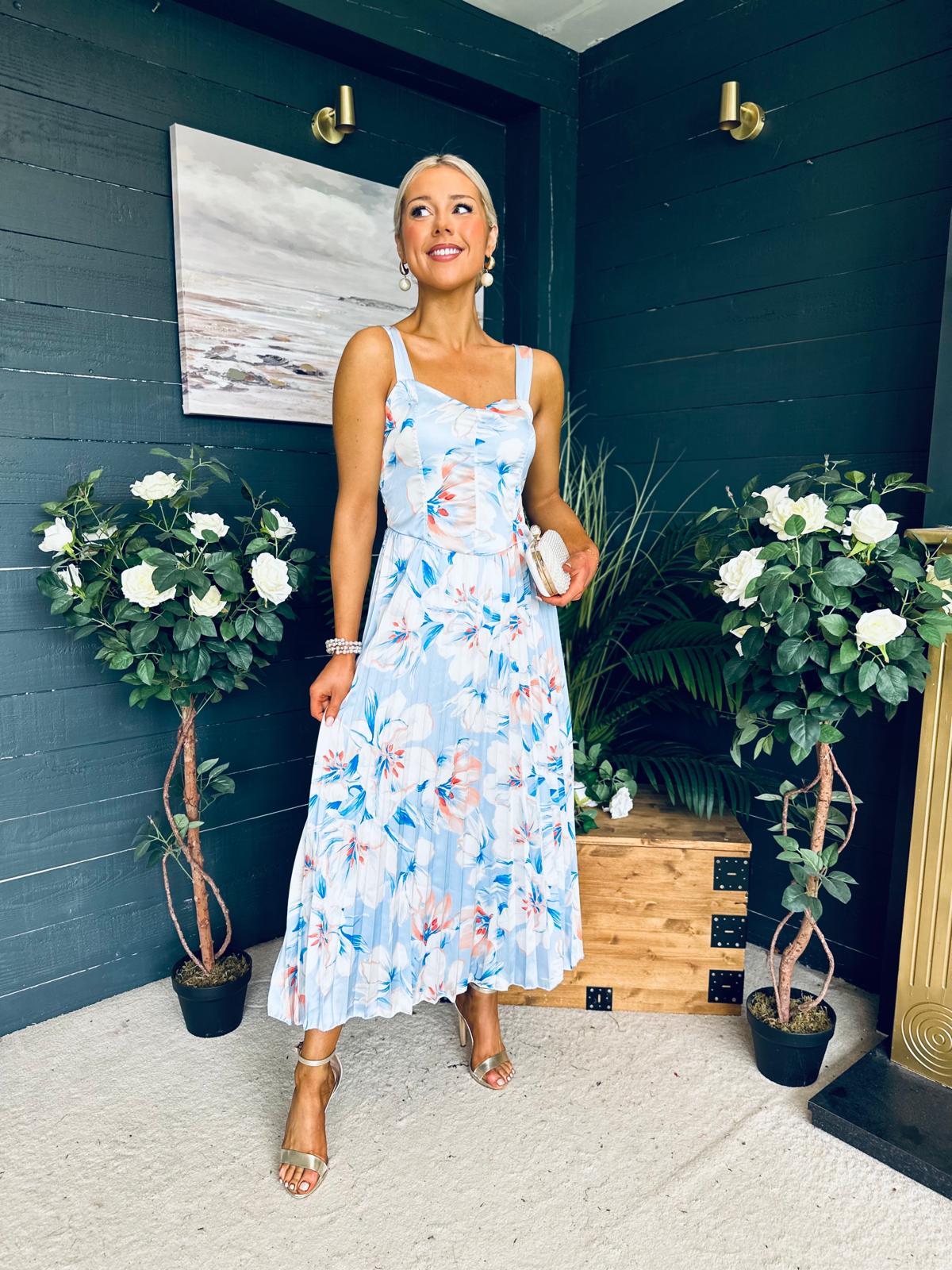 Cassidy Pleated Midi Dress Floral Blue