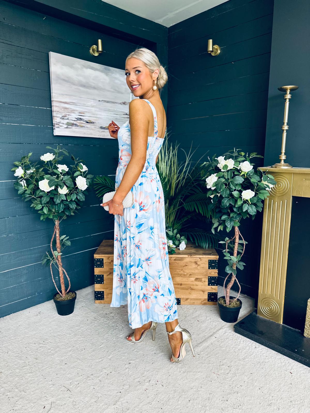 Cassidy Pleated Midi Dress Floral Blue