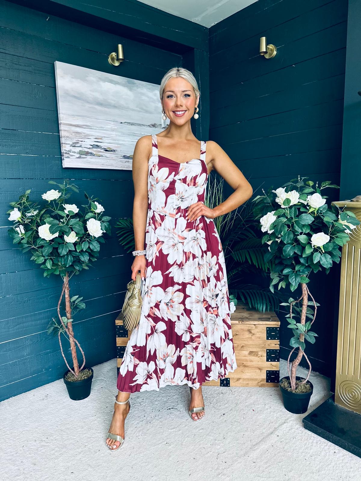Cassidy Pleated Midi Dress Floral Burgundy