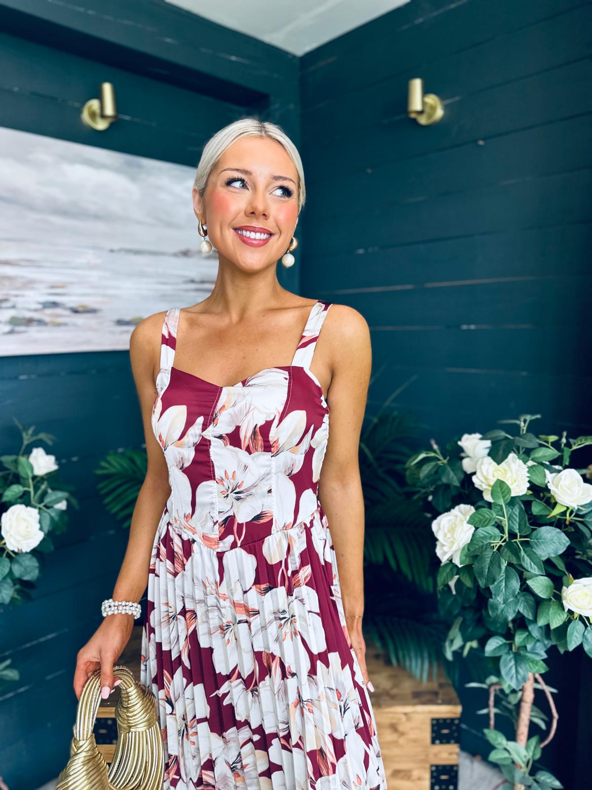 Cassidy Pleated Midi Dress Floral Burgundy