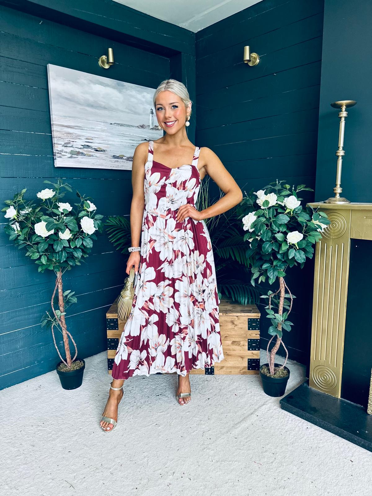 Cassidy Pleated Midi Dress Floral Burgundy