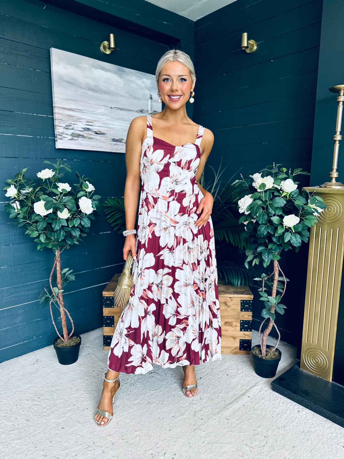 Cassidy Pleated Midi Dress Floral Burgundy