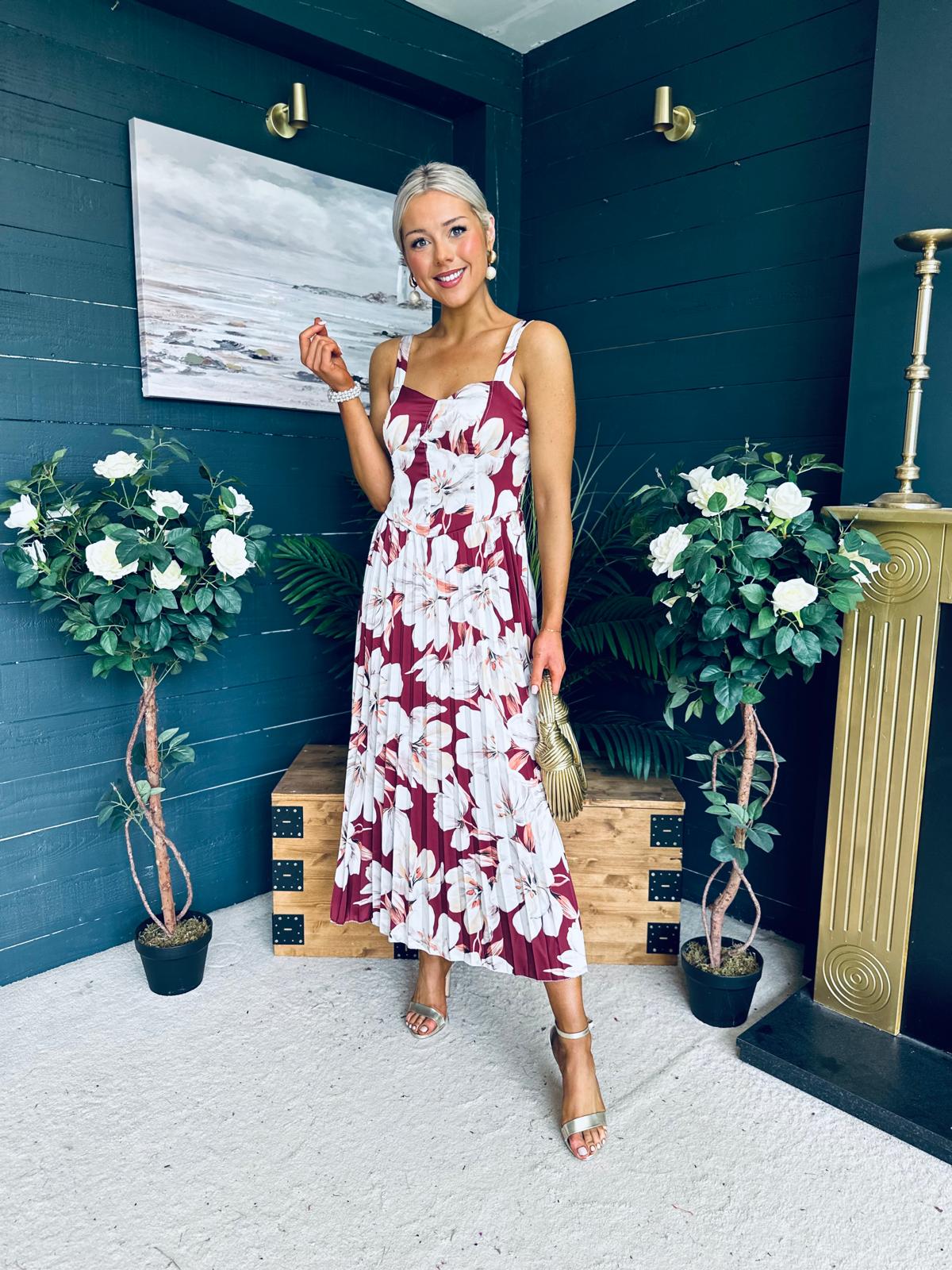 Cassidy Pleated Midi Dress Floral Burgundy