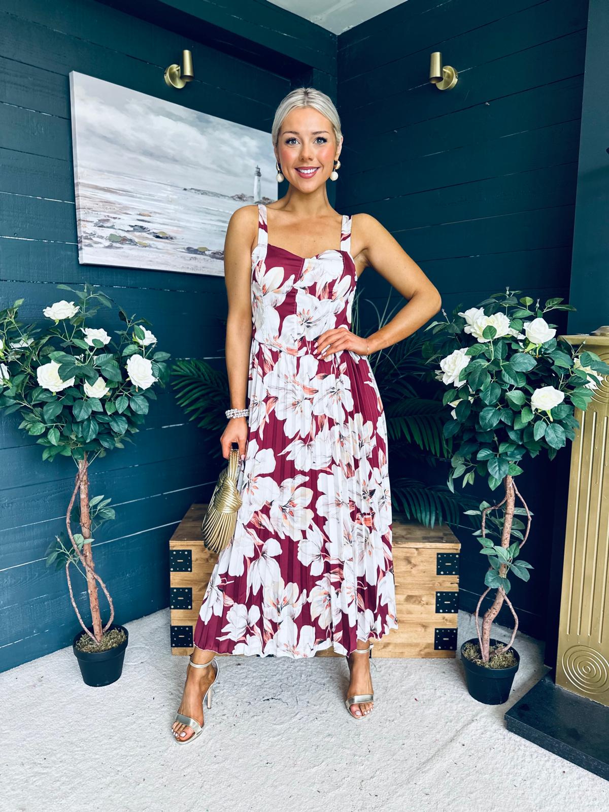 Cassidy Pleated Midi Dress Floral Burgundy