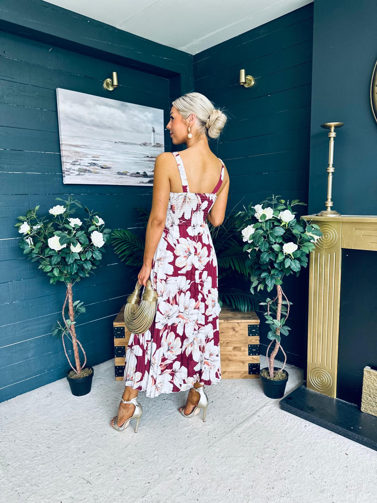 Cassidy Pleated Midi Dress Floral Burgundy