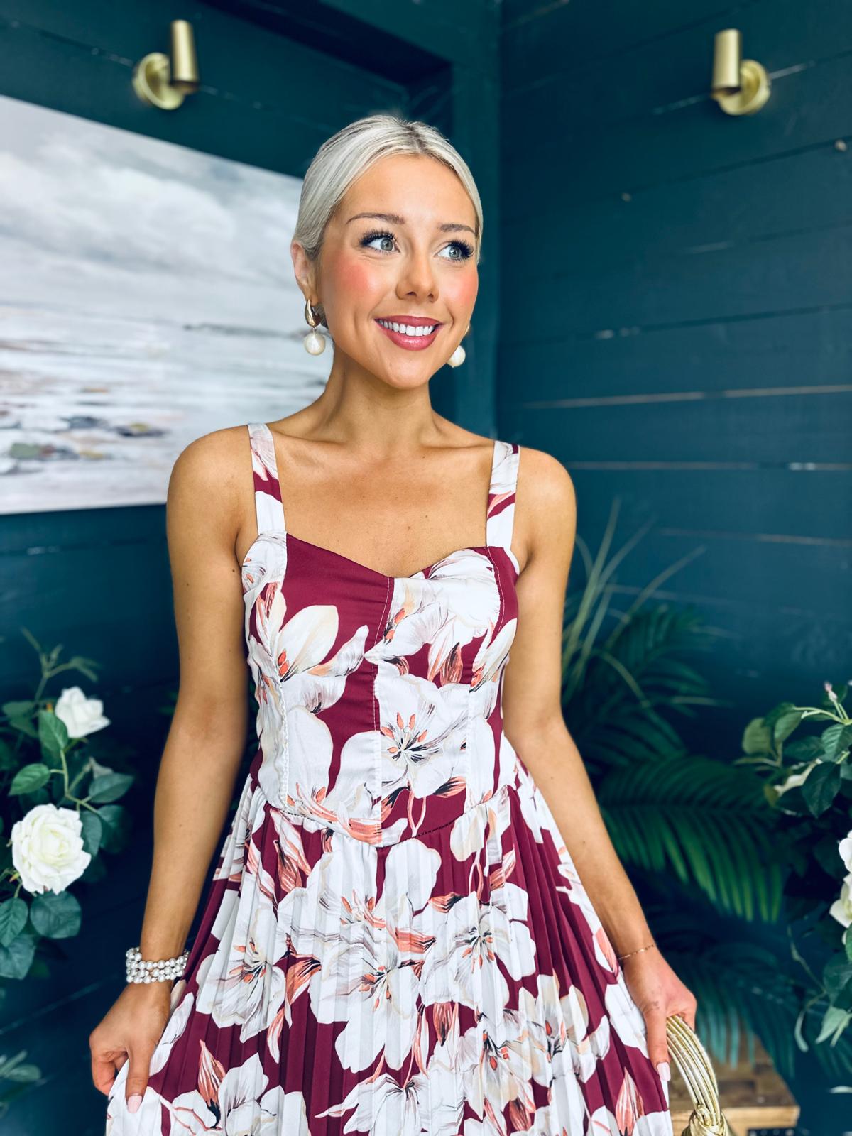Cassidy Pleated Midi Dress Floral Burgundy