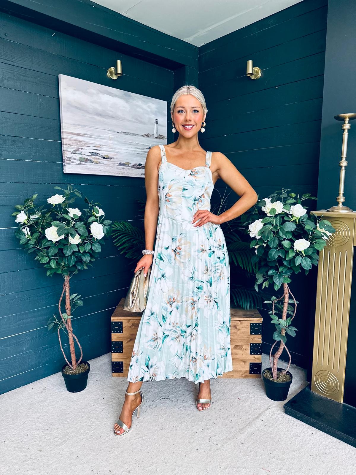 Cassidy Pleated Midi Dress Floral Mint
