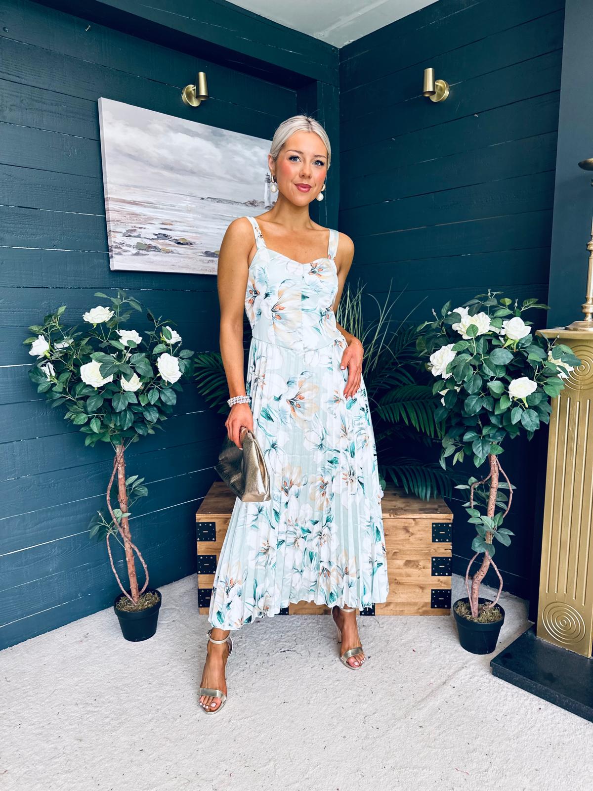 Cassidy Pleated Midi Dress Floral Mint
